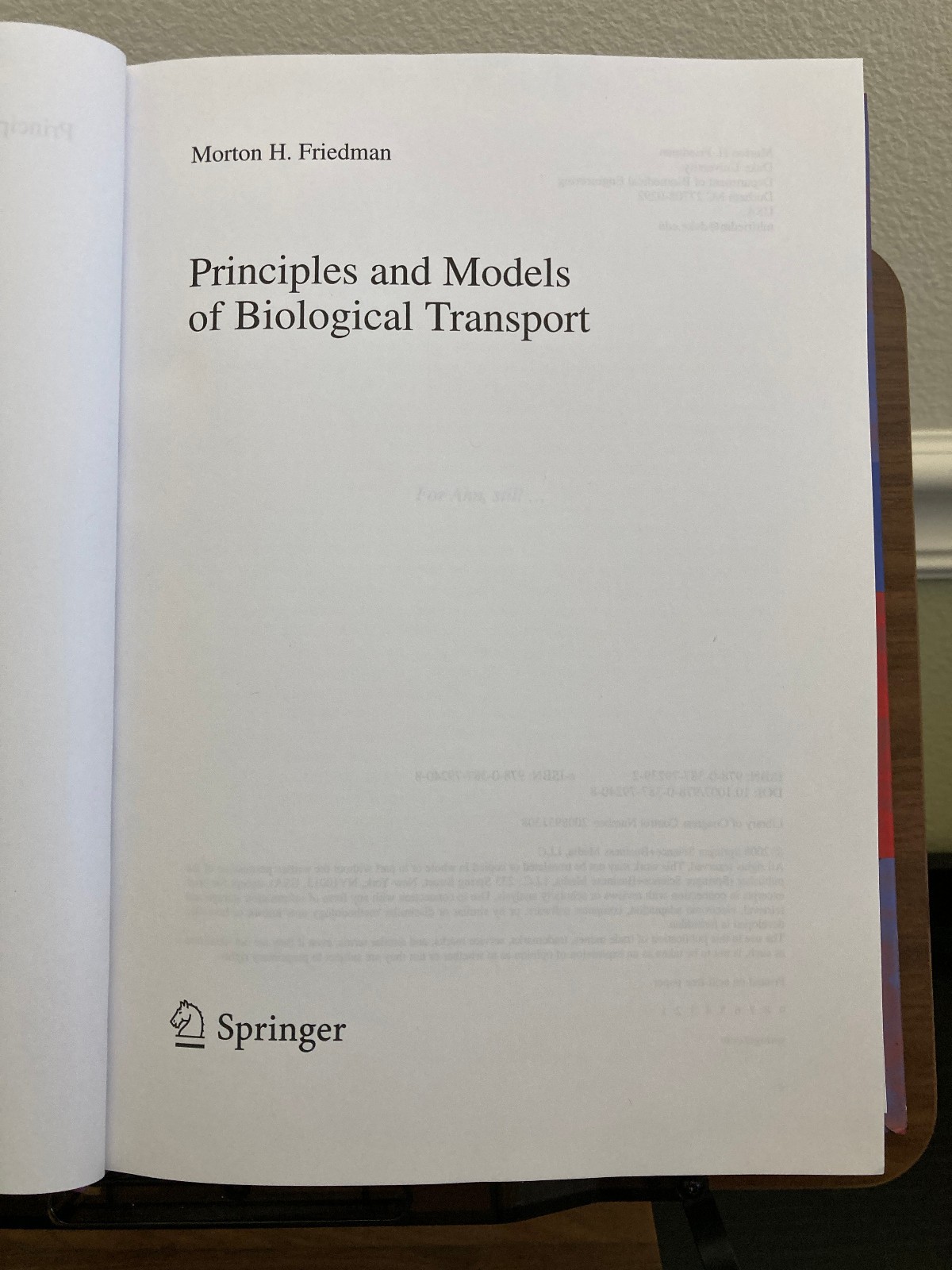 Principles and Models of Biological Transport, 2nd Edition | Friedman | 2008
