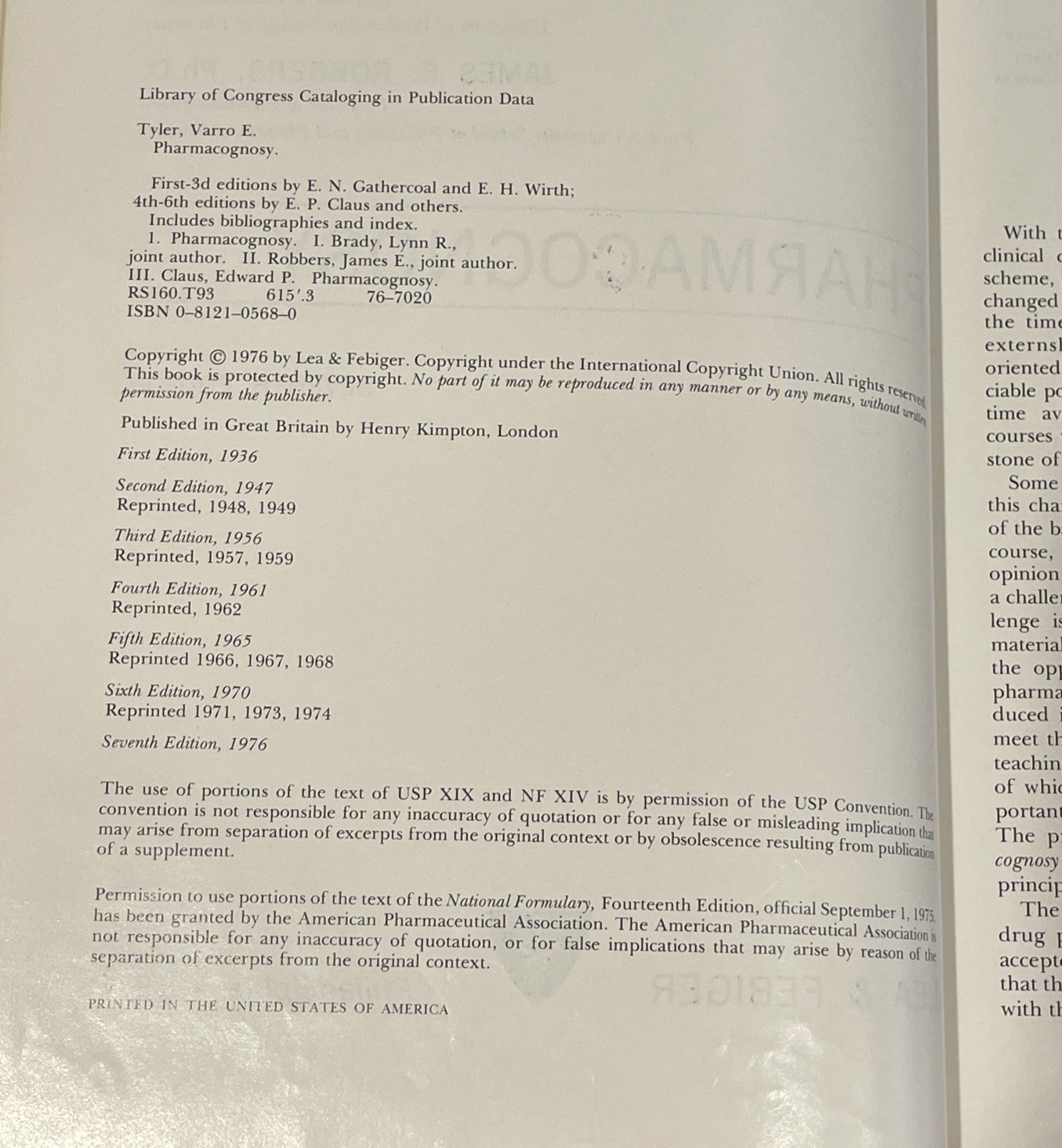 PHARMACOGNOSY Vintage Textbook by Varro Tyler, Lynn Brady & James Robbers 1976