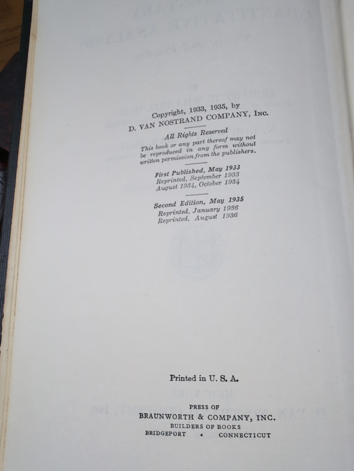 ELEMENTARY QUANTITATIVE ANALYSIS BY WILLARD & FURMAN. 2nd Ed 3rd Printing 1936