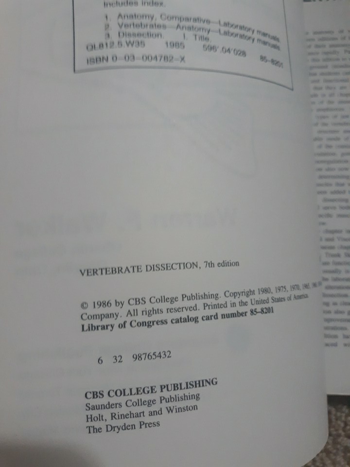 Vertebrate Dissection, Walker, 7th Edition, 1986 Trade Paperback Good