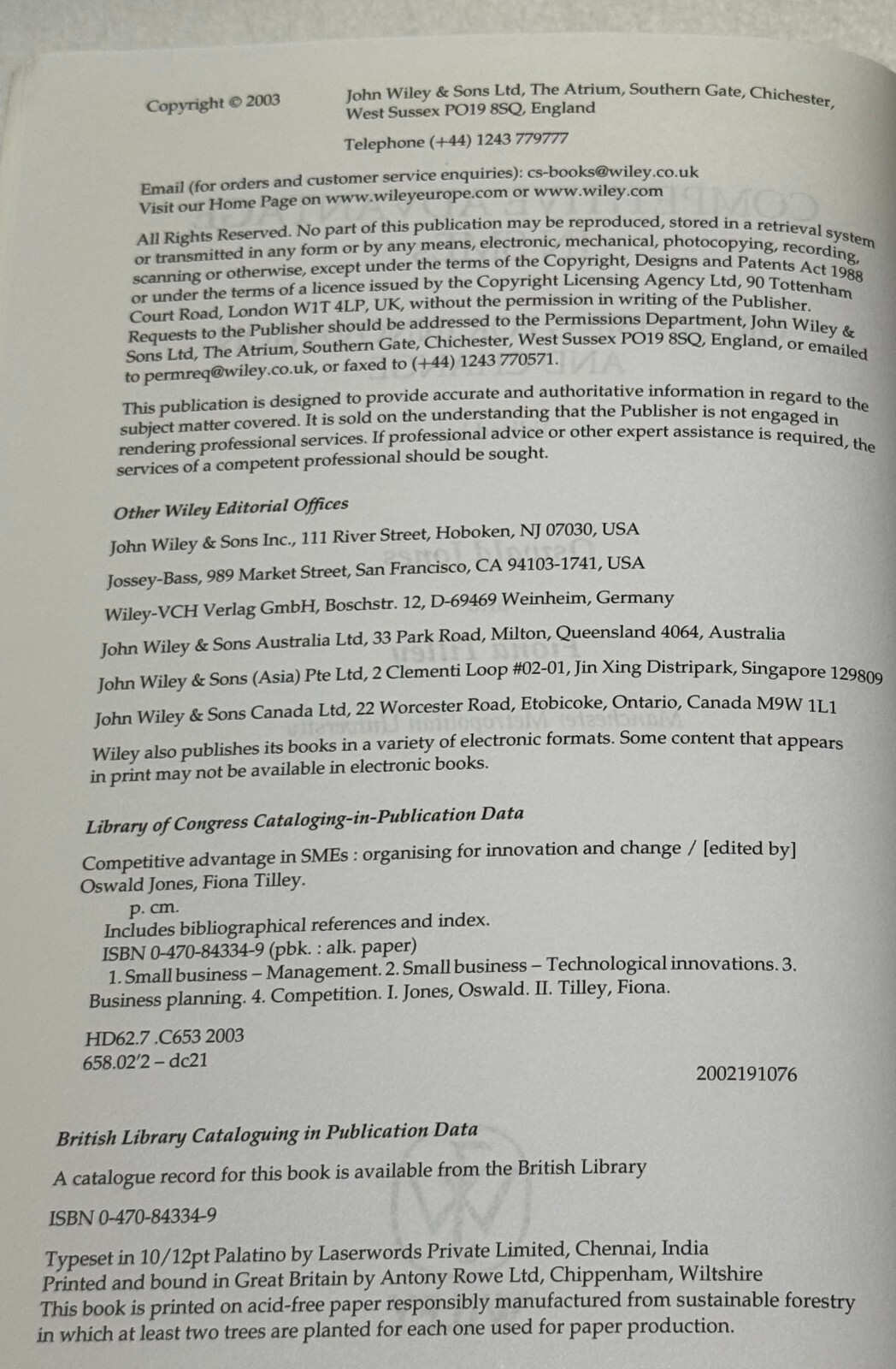 Competitive Advantage in SMEs: Organising for Innovation and Change by Oswald J.