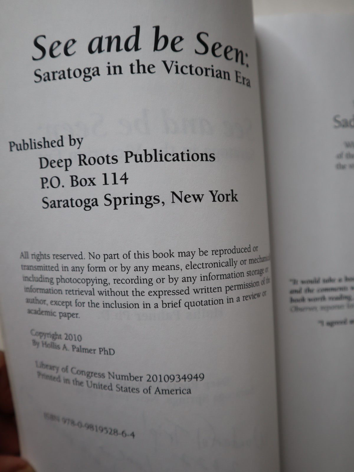 SEE AND BE SEEN Saratoga in the Victorian Era by Hollis A Palmer. PB.2010.317pp