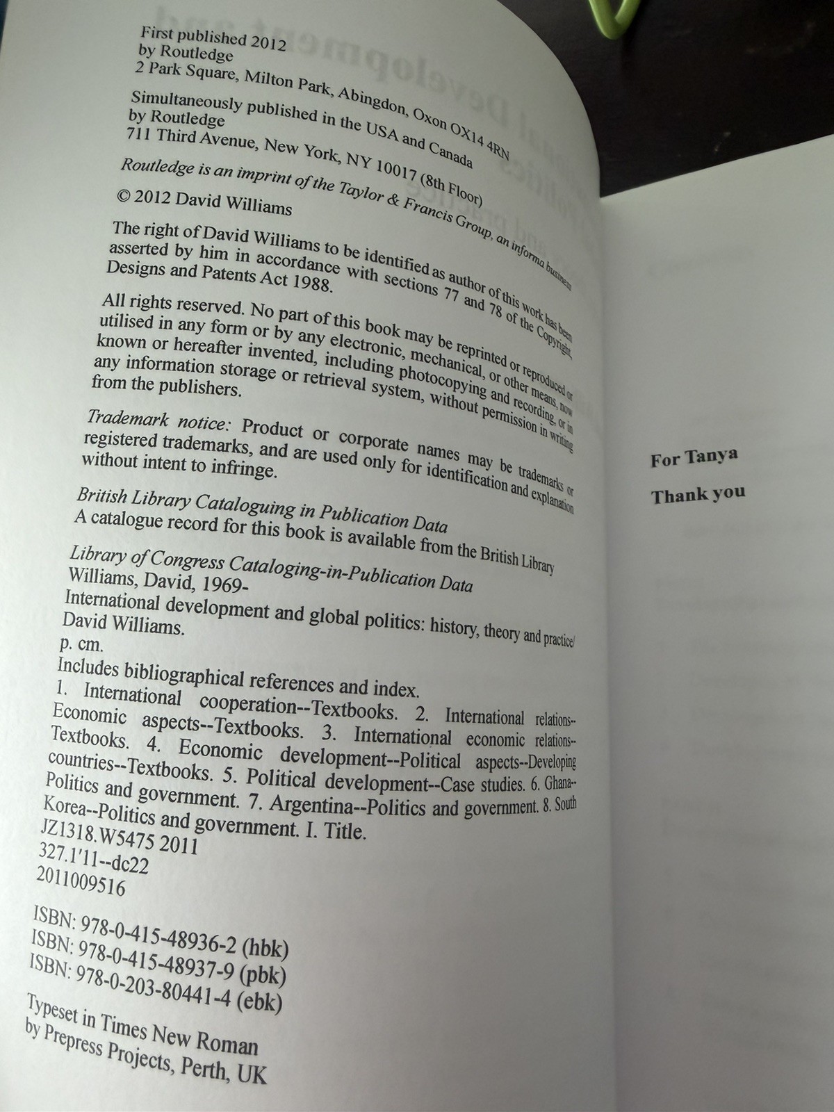 International Development & Global Politics. David Williams (2011)