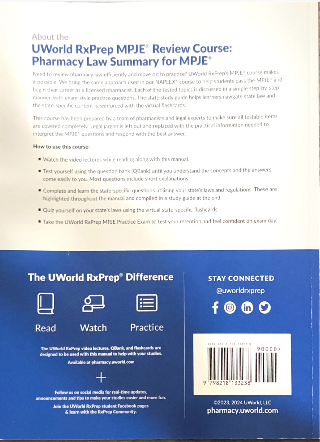 UWorld RxPrep’s MPJE Review Course 2024, 8th Edition. Pharmacy Law Summary.