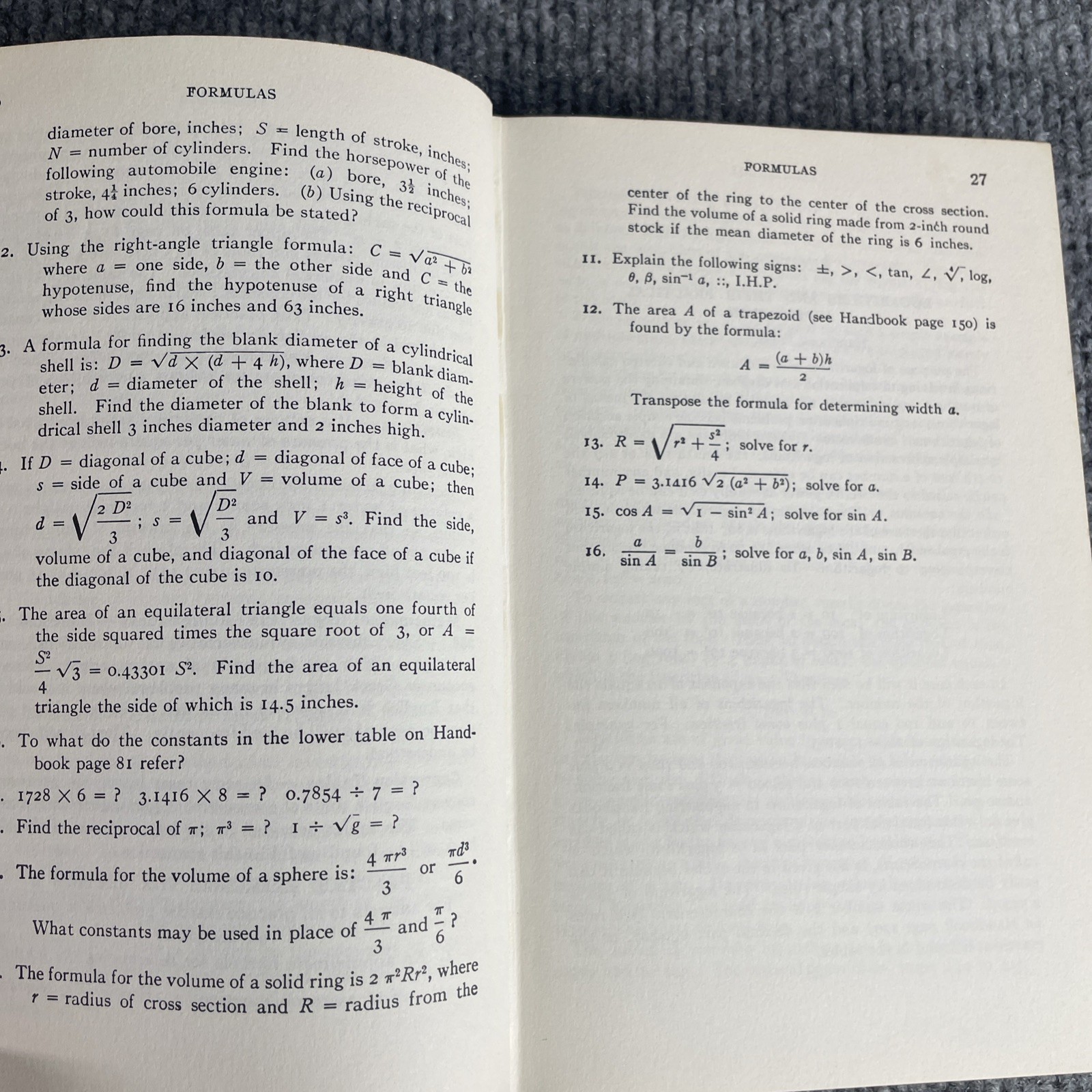 The Use Of Handbook Tables and Formulas Machinery Hardcover 1964 John M. Amiss