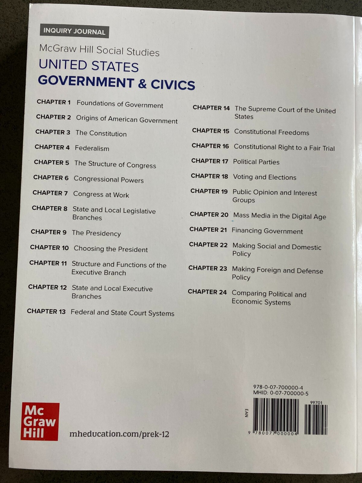 United States Government & Civics, Inquiry Journal by McGraw Hill 9780077000004