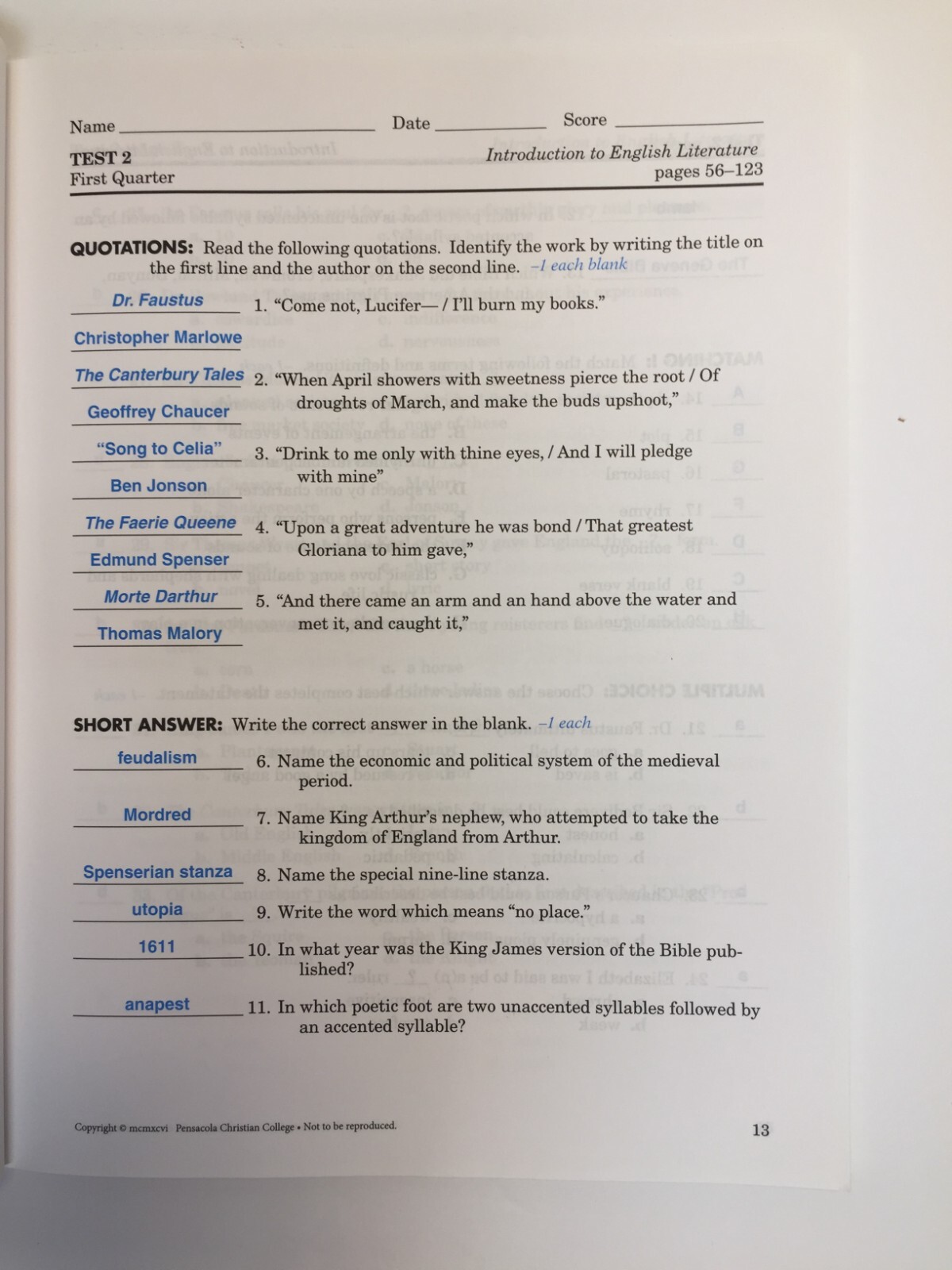 A Beka Book English Literature Teacher Test/Quiz Key Vol. 5, 6 Grade 12