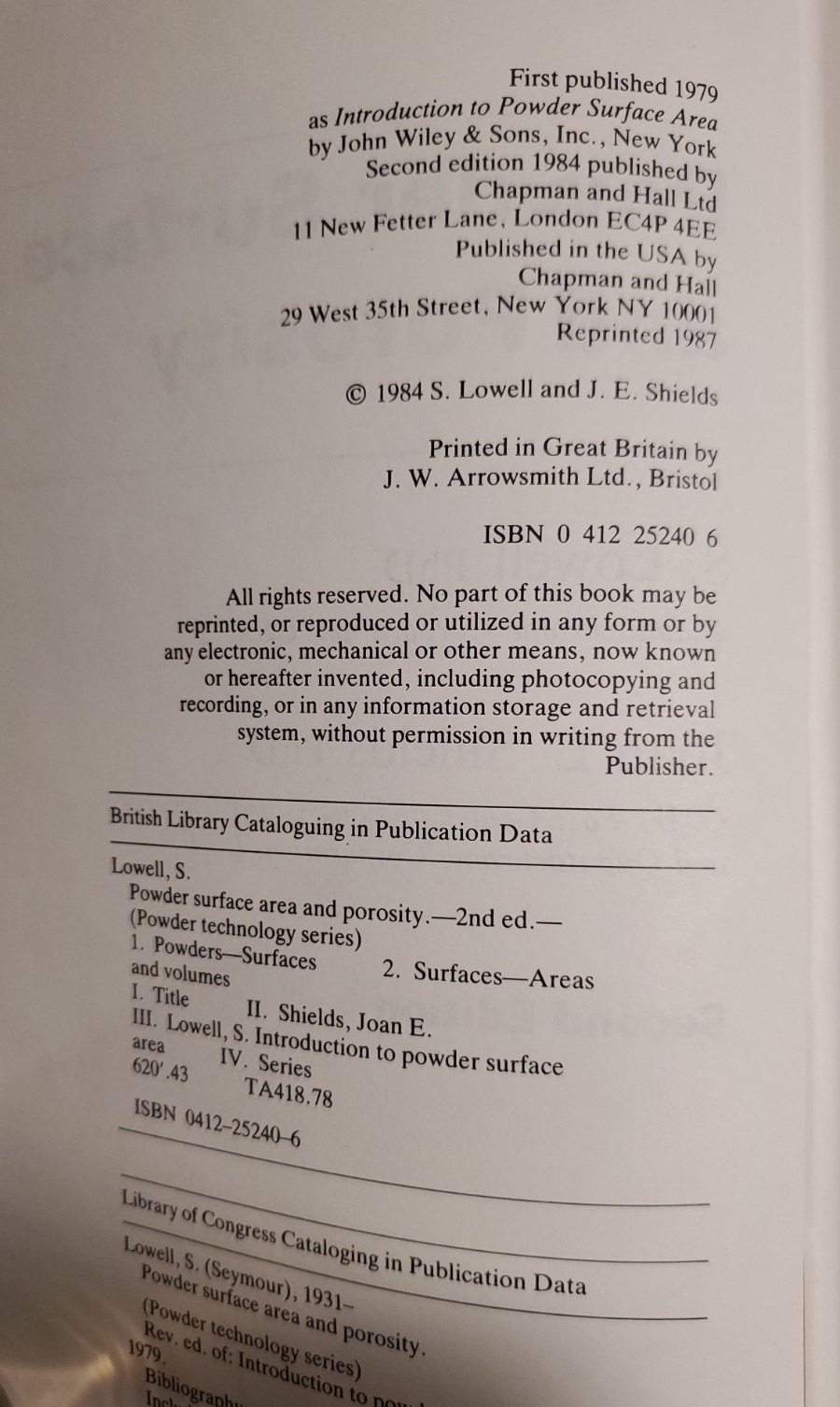 1979 Powder Surface Area and Porosity Hardcover Book Powder Technology Series