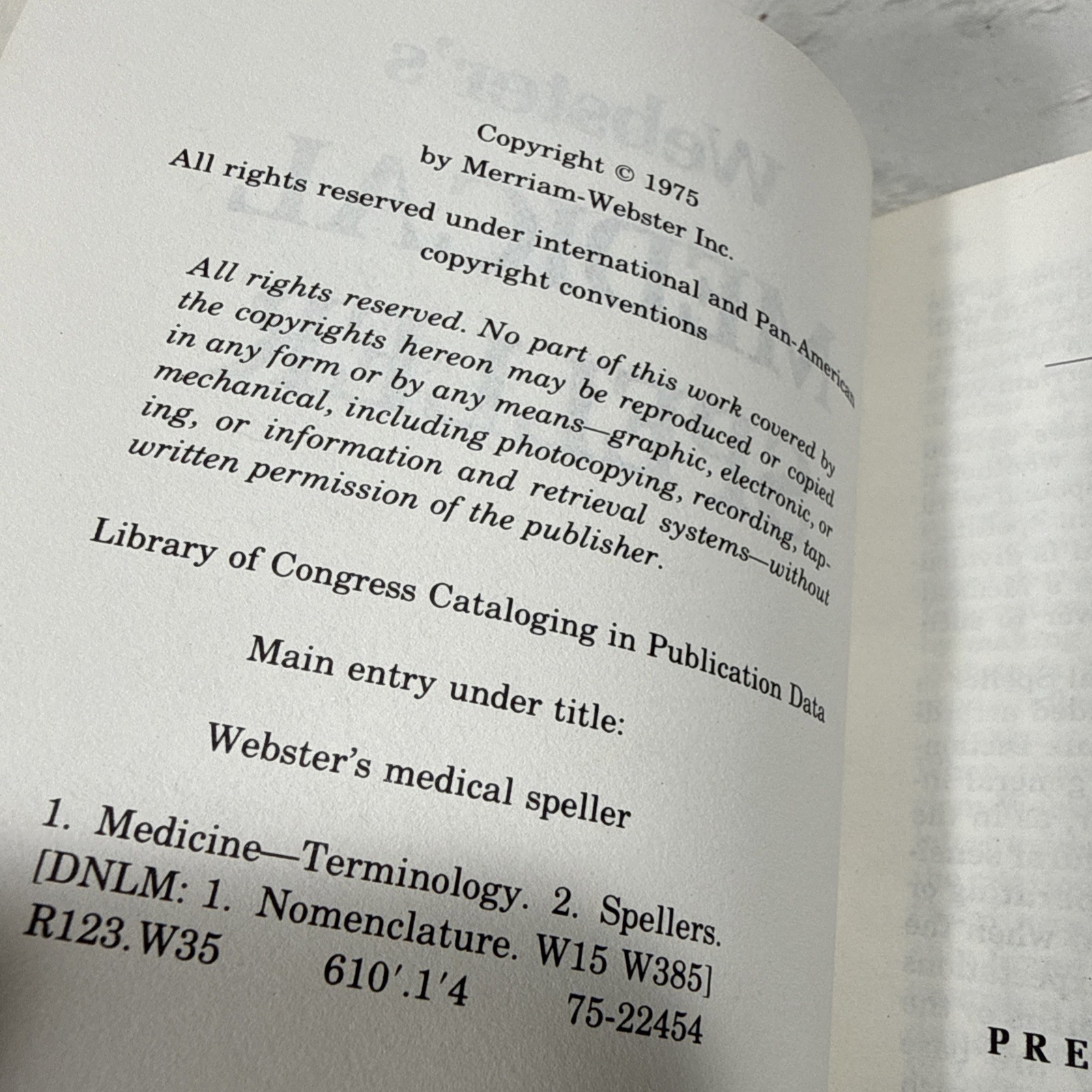 1975 Websters Medical Speller Small Size Hardcover Textbook By Merriam-Webster