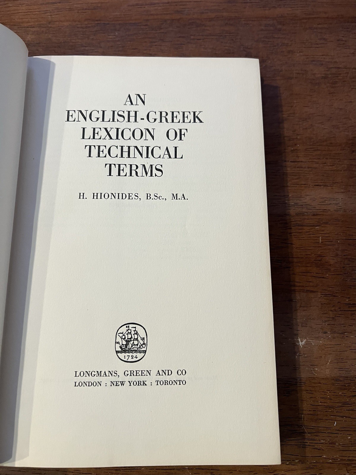 An English Greek Lexicon Of Technical Terms – H. Hionides 1955