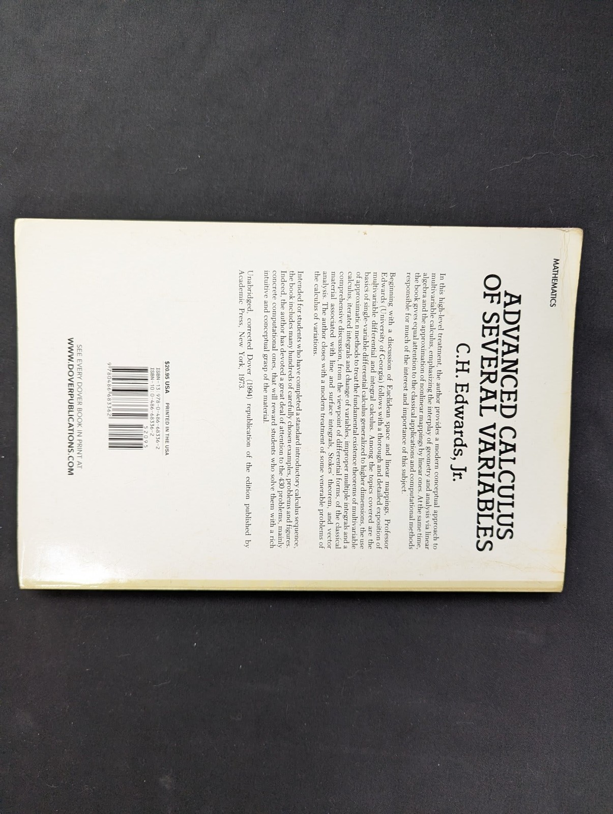 Advanced Calculus of Several Variables by C.H. Edwards Jr. Dover 1994 Good