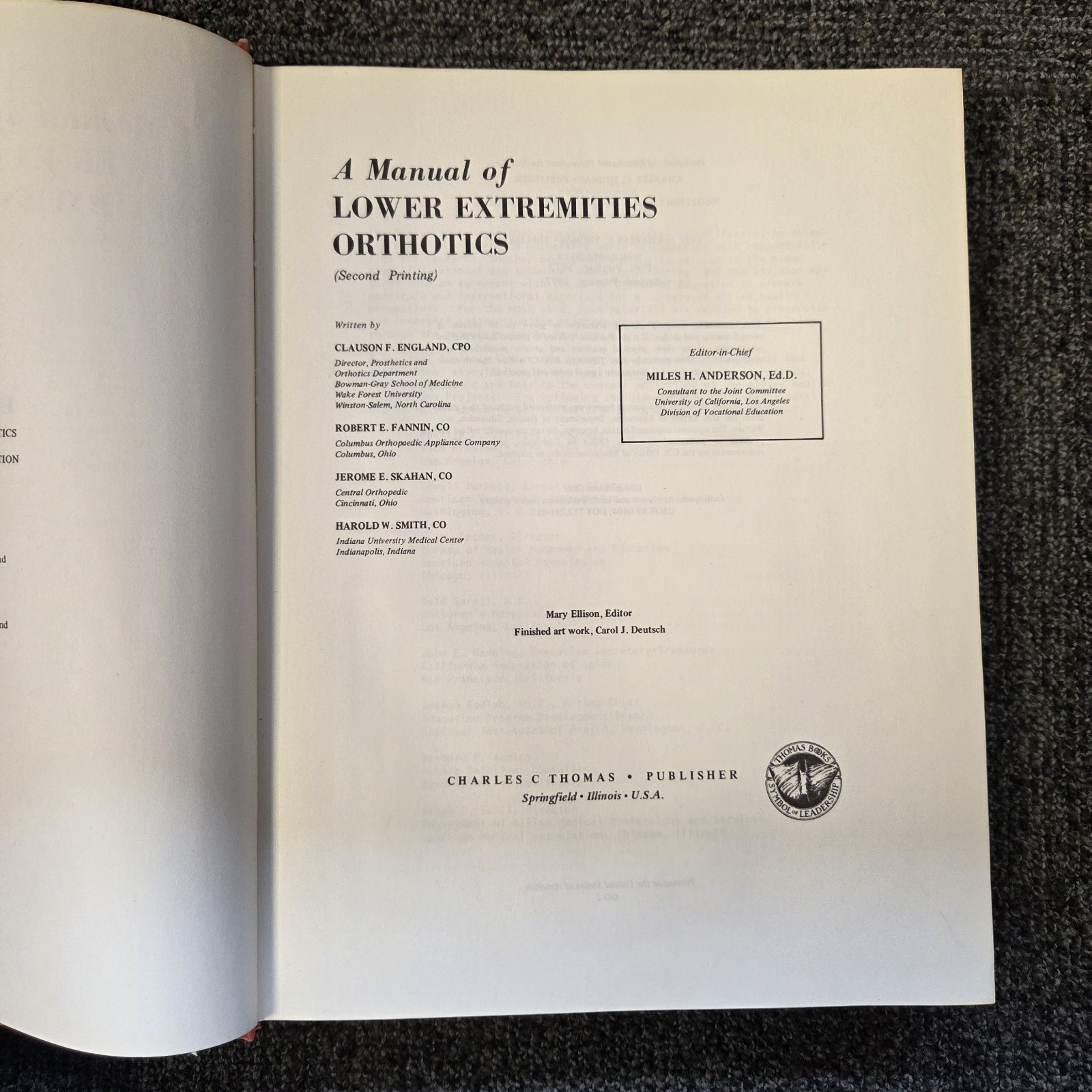 Manual of Lower Extremities Orthotics Hardcover 1977 2nd Printing Miles Anderson