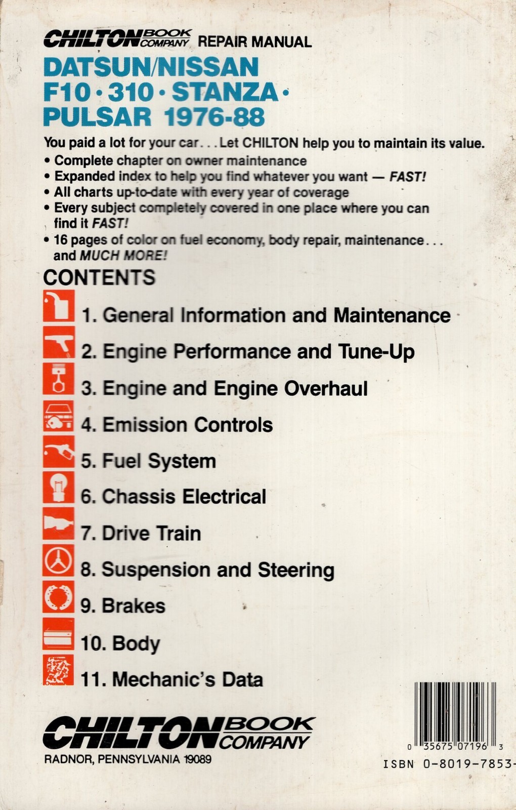 Chilton Datsun/Nissan F10 310 Stanza Pulsar 1976-1988 Repair Manual MN702