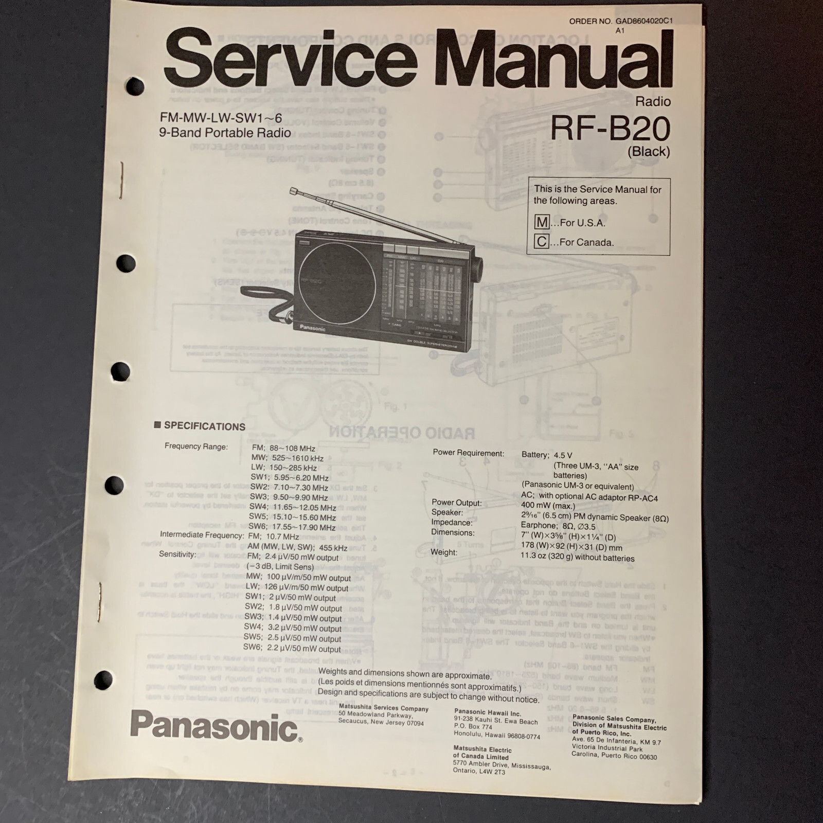 Panasonic RF-B20 FM-MW-LW-SW 9-Band Portable Radio ORIGINAL Service Manual