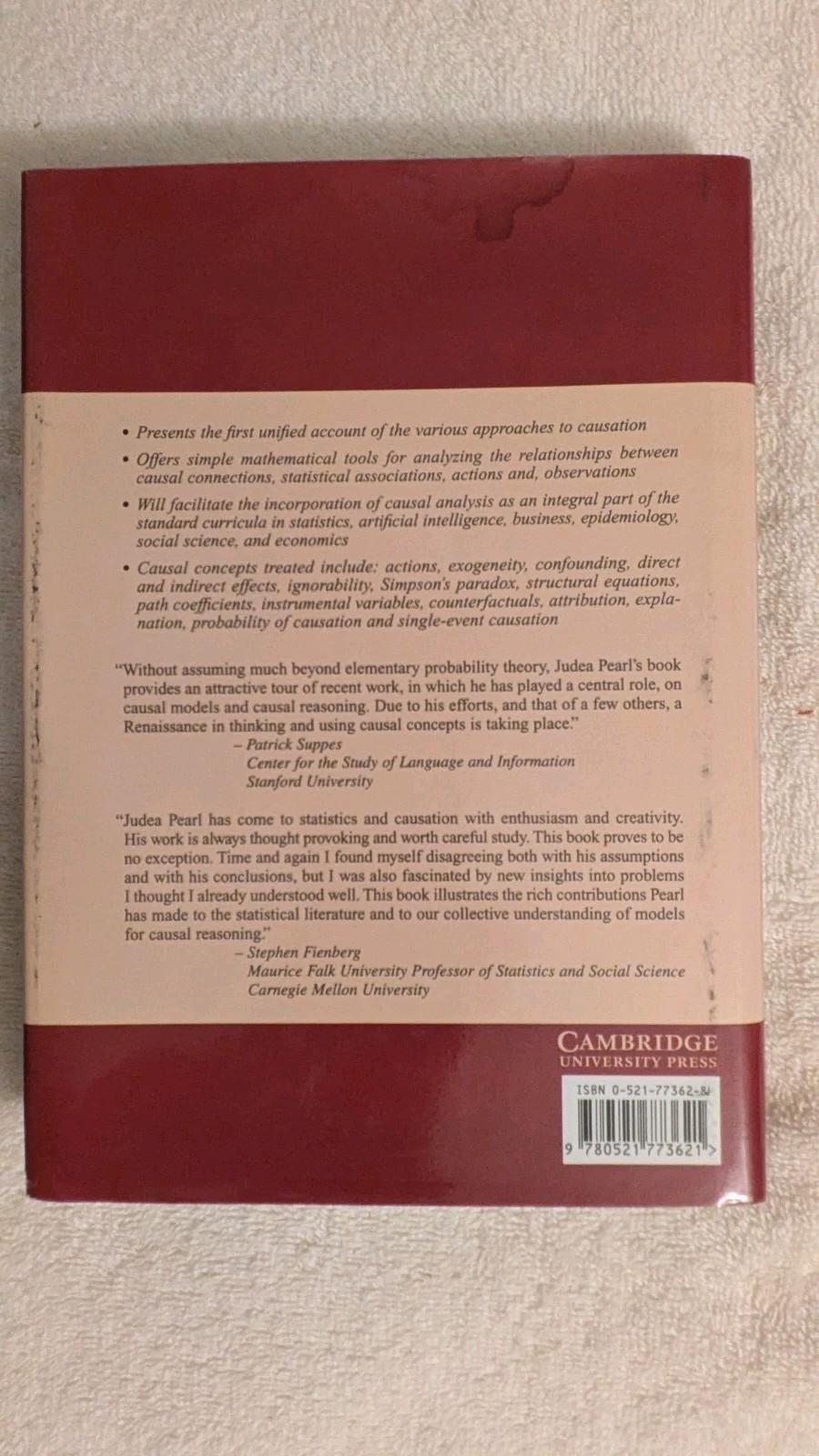 Pearl , CAUSALITY: MODELS, REASONING & INFERENCE, 2000, HB, DJ, Cambridge Press
