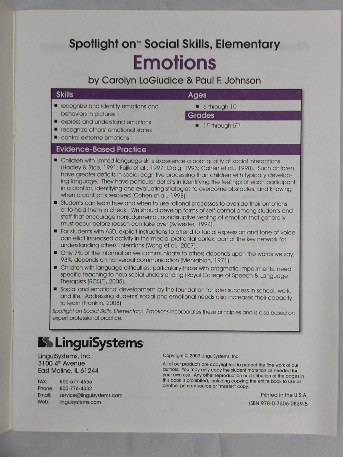 Spotlight on Social Skills Elementary Emotions LinguiSystems Speech Therapy