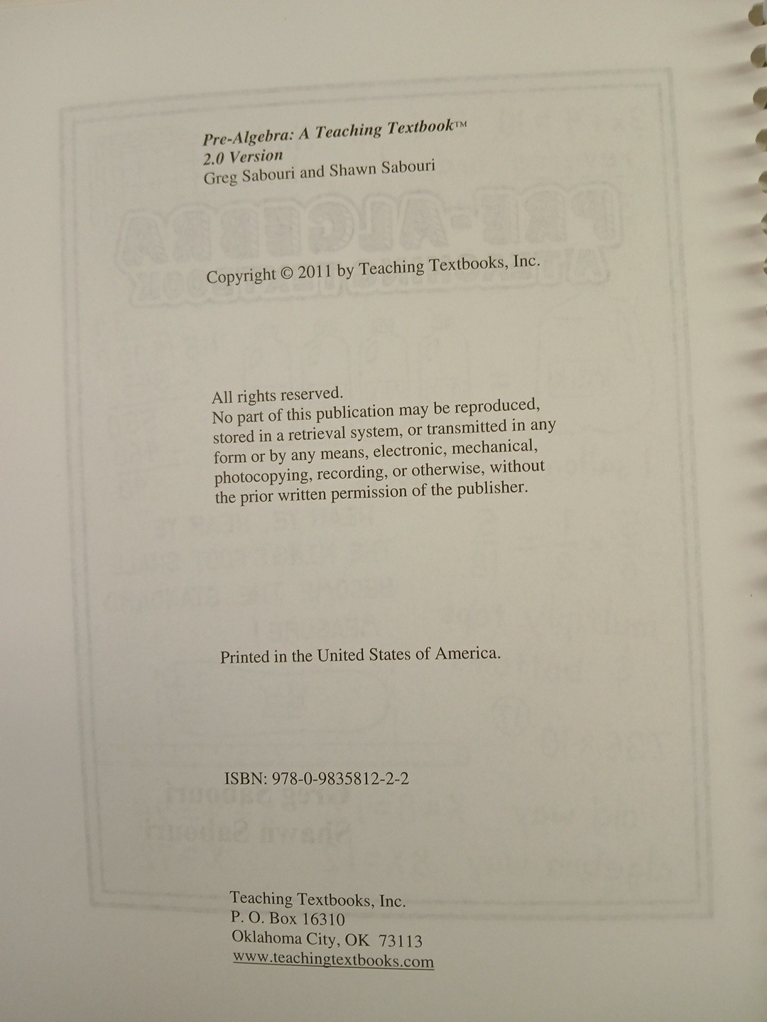 Pre-Algebra A Teaching Textbook – Spiral-bound By Greg Sabouri