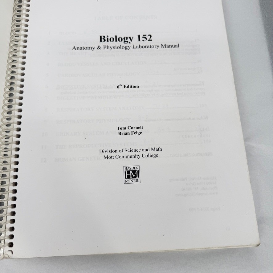 Hayden-McNeil Biology 152 Anatomy & Physiology Lab Manual 6th Edition Textbook