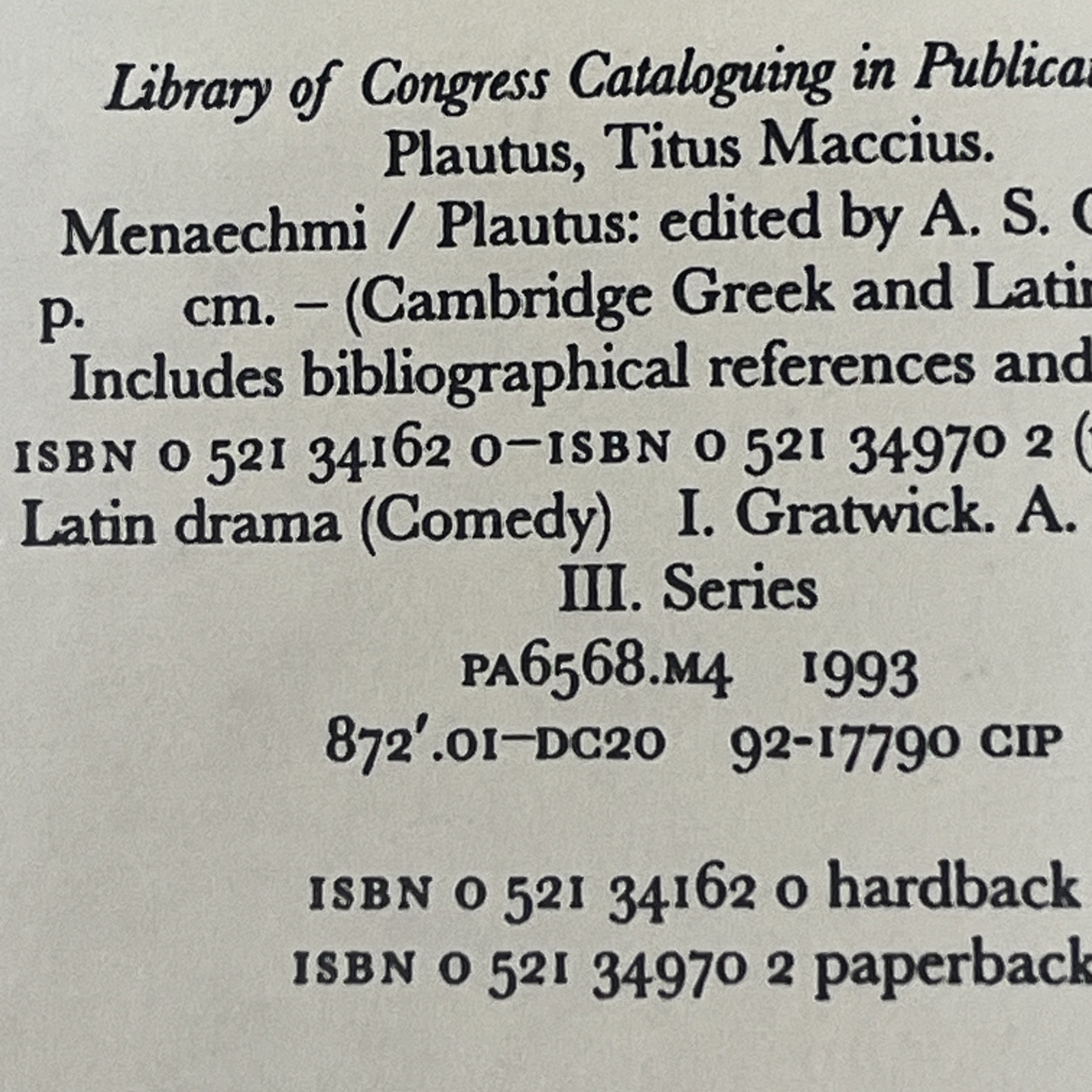 Plautus: Menaechmi (Cambridge Greek and Latin Classics) (b1)