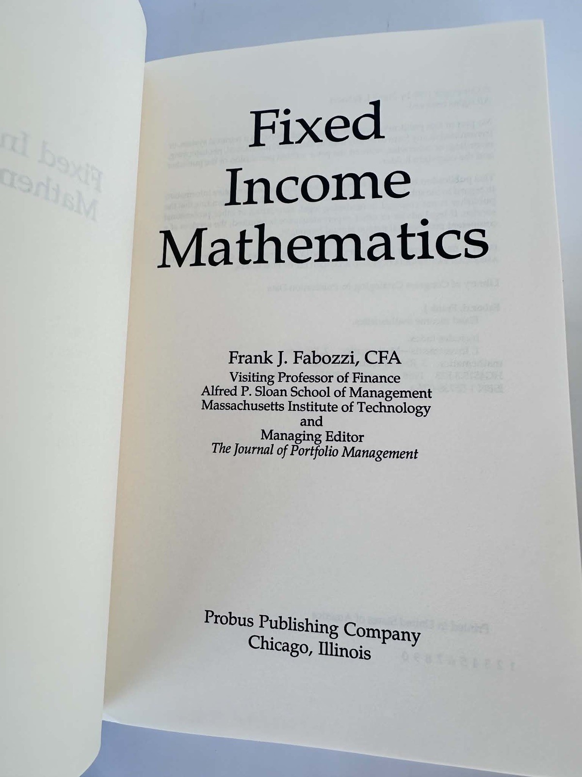 Frank J. Fabozzi Books. Fixed Income Opt & Math, Interest Rate,Mortgage Backed.