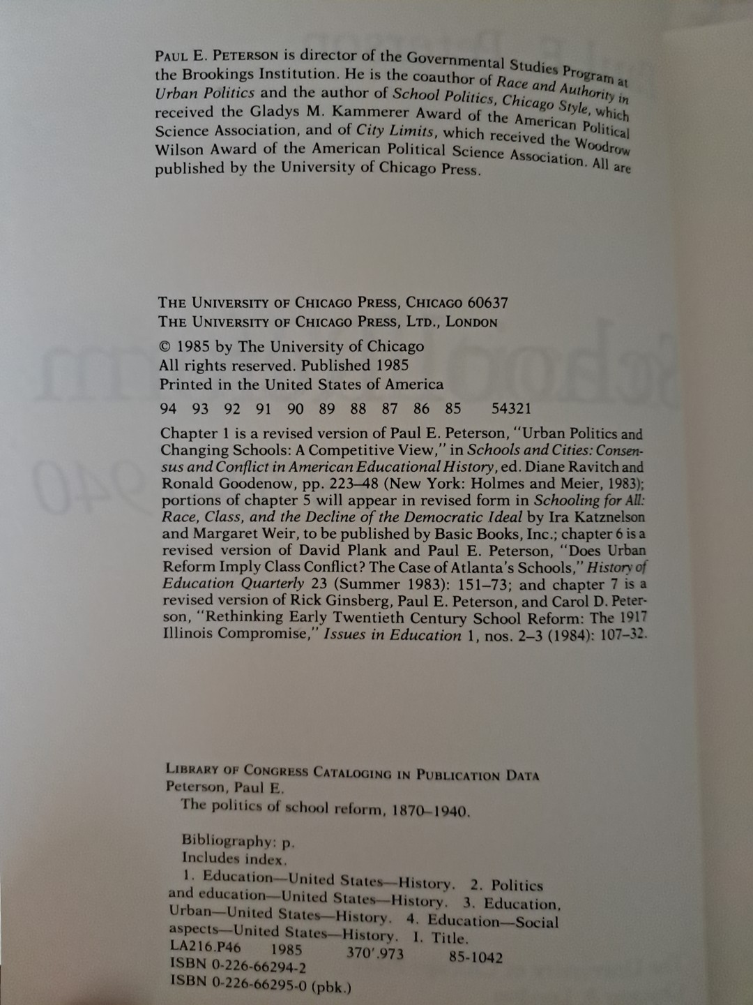 The Politics of School Reform 1870-1940 by Paul E. Peterson
