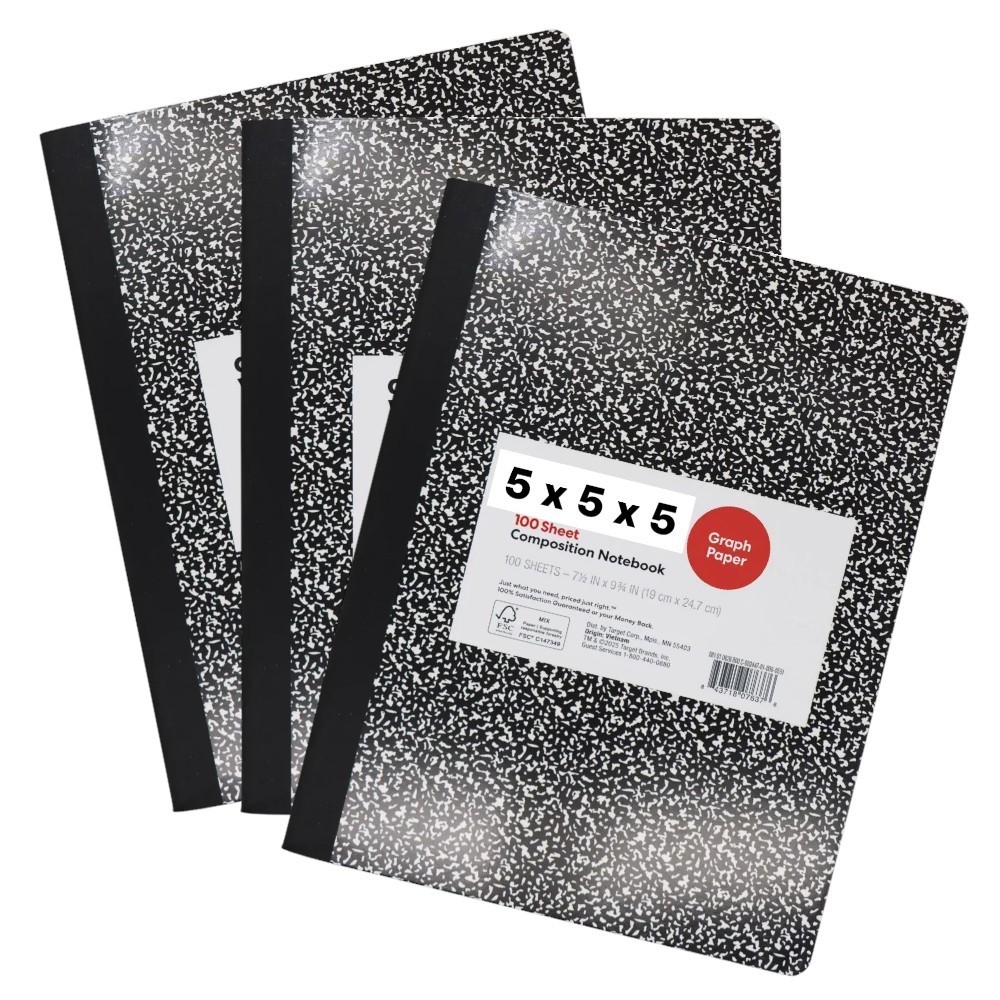 Quad Ruled 5×5 Graph Composition Notebook 9.7×7.5″ 3 Books 100 Sheets Dark Lines