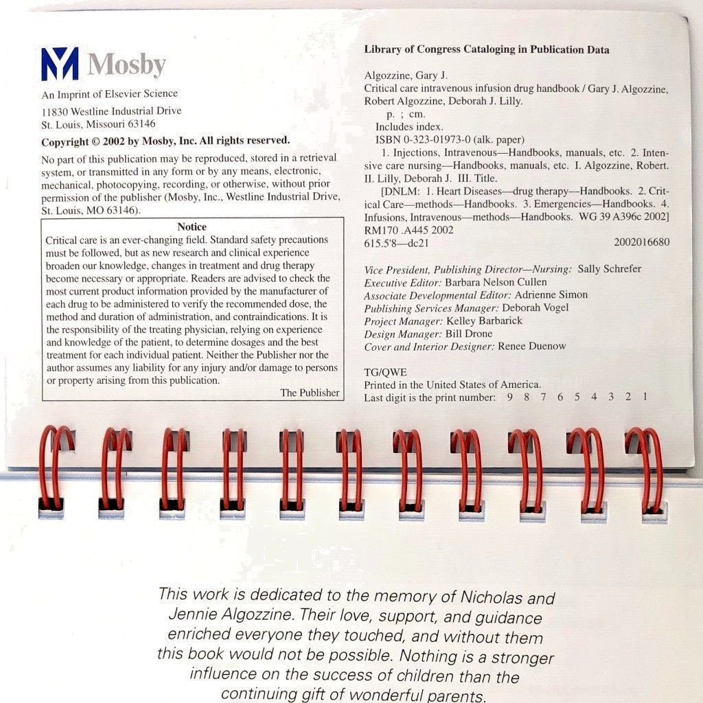 Critical Care Intravenous Infusion Drug Handbook Algozzine nursing 9780323019736