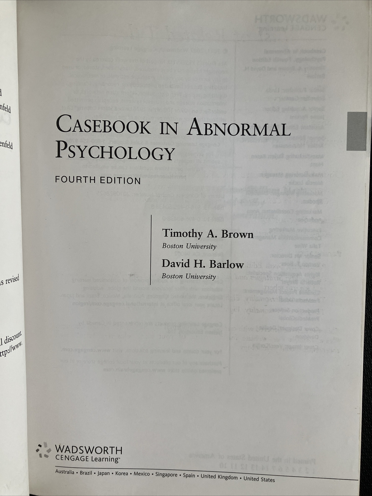 Casebook in Abnormal Psychology 4th Ed. By Timothy A. Brown & David H. Barlow