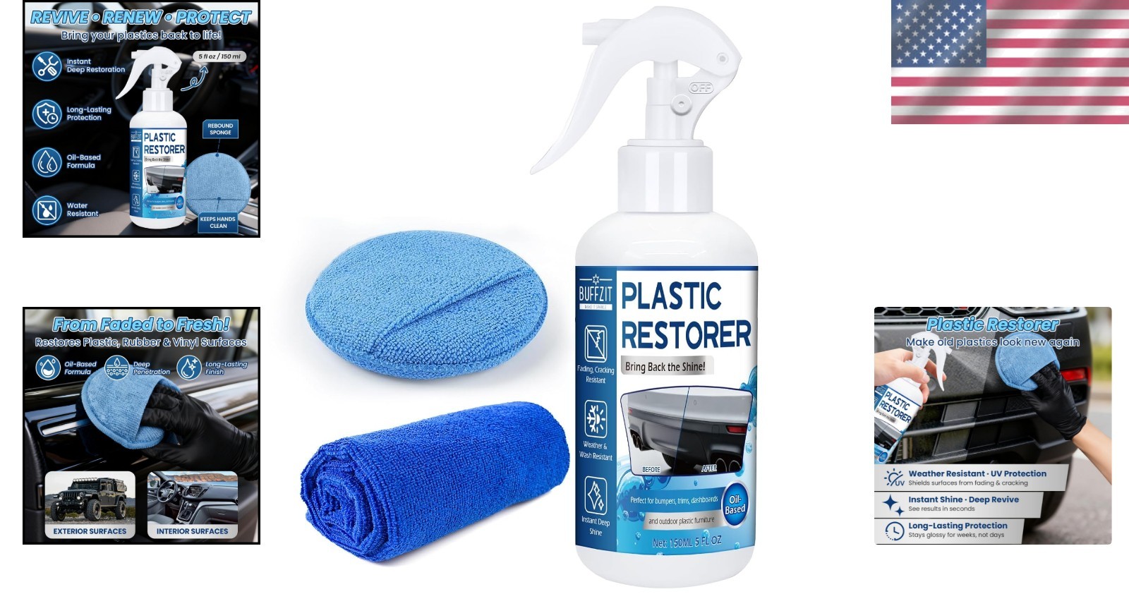 Deep Black Plastic Restorer for Cars – 5oz Trim & Vinyl Protector with Sponge