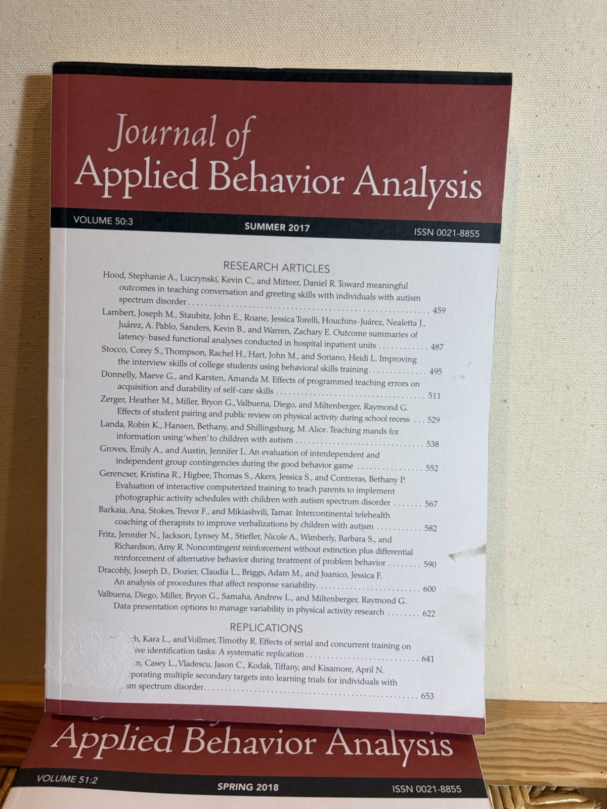Journal of Applied Behavior Analysis Lot 7 Vol 50–52 2017–2019 ABA VG