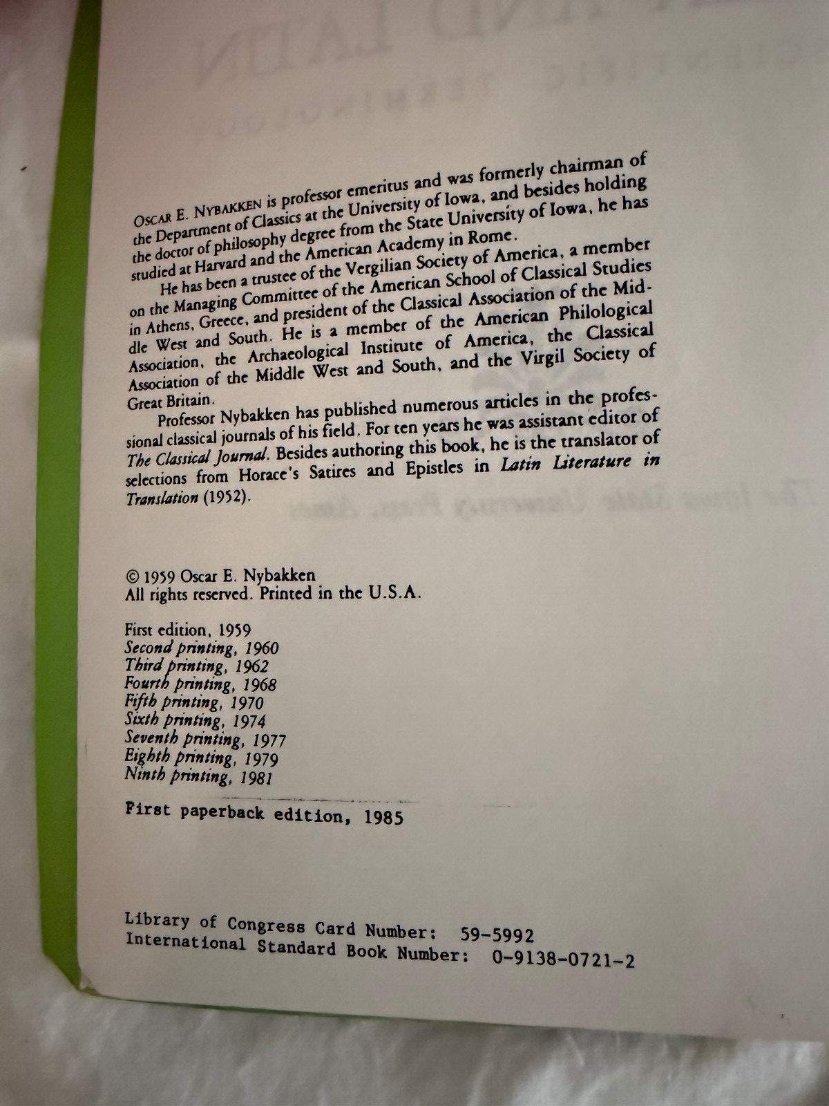 Greek and Latin in Scientific Terminology, Nybakken, 1981, SB