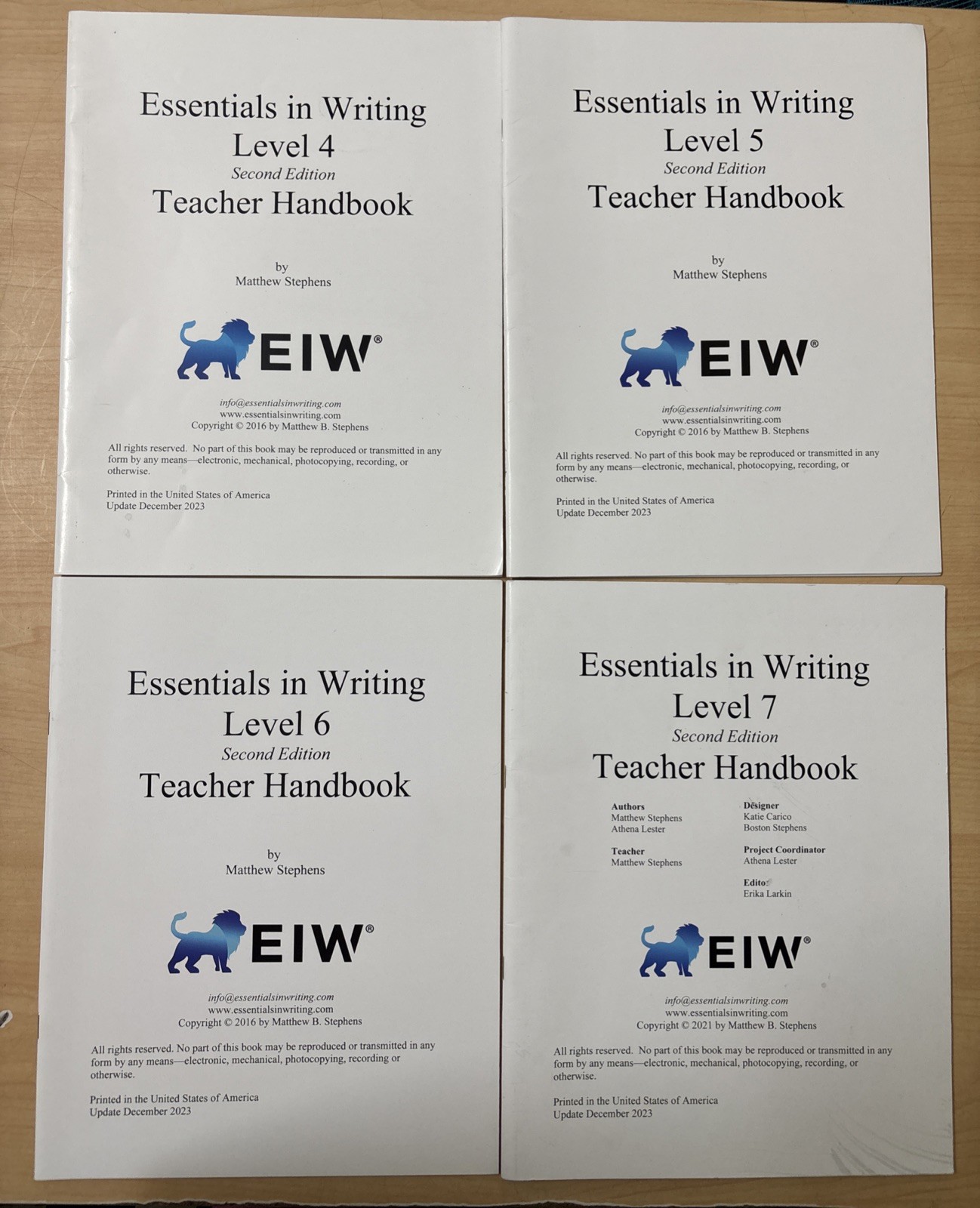 Lot 7 Essentials in Writing EIW Teacher Handbook Level 1-7 Set All 2nd Edition