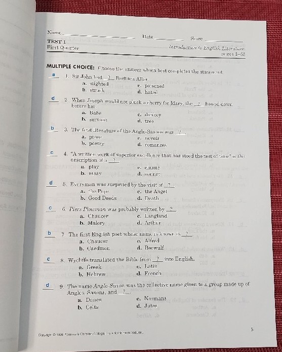 A Beka Book ENGLISH LITERATURE Teacher Test / Quiz Key 43249006 pb