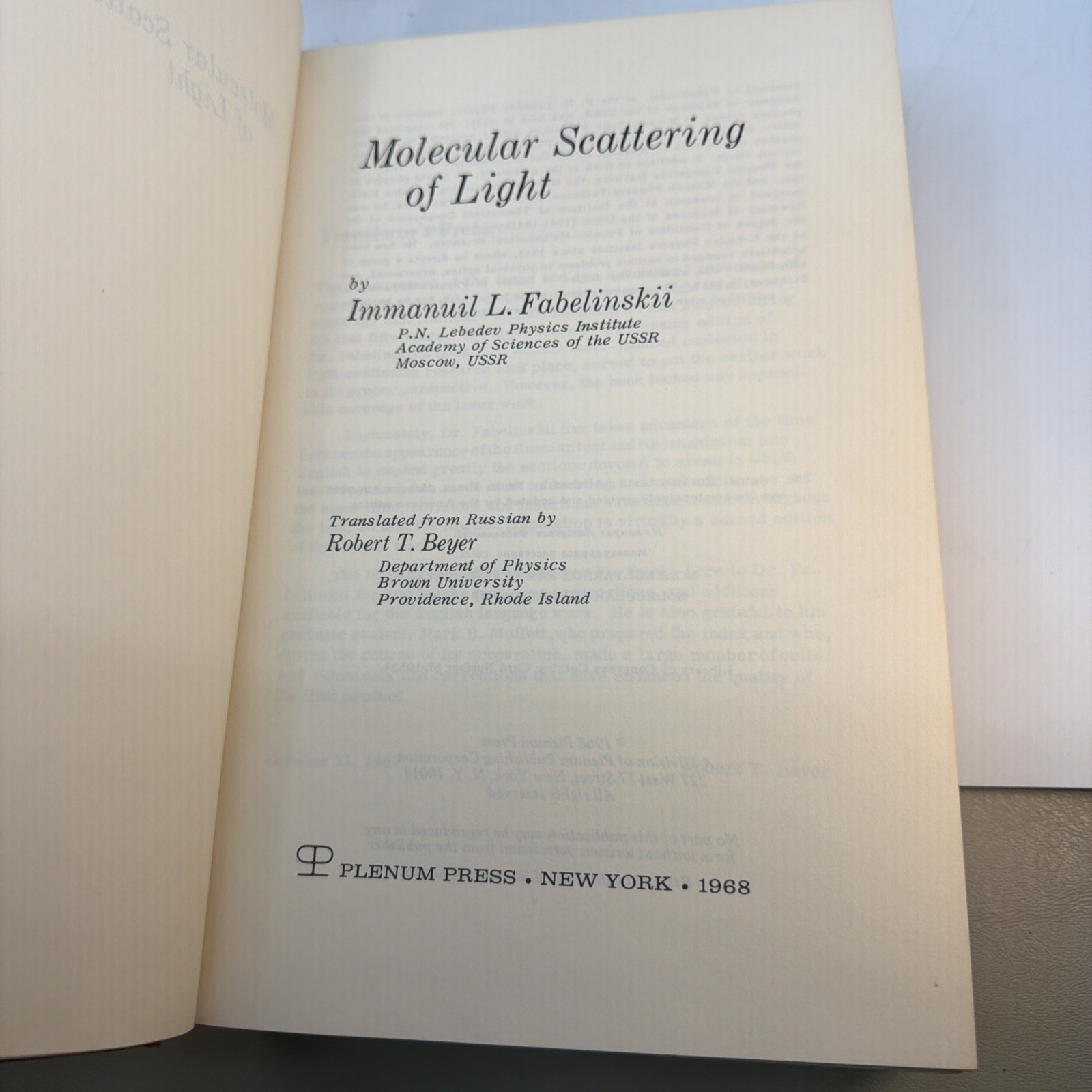 Molecular Scattering of Light Fabelinskii 1968 HC Plenum Press Optics (AZ24)