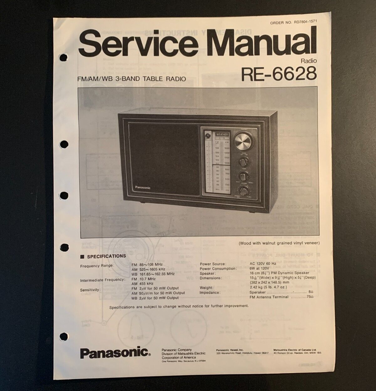 Panasonic RE-6628 FM/AM/WB 3-Band Table Radio ORIGINAL Service Manual 1978