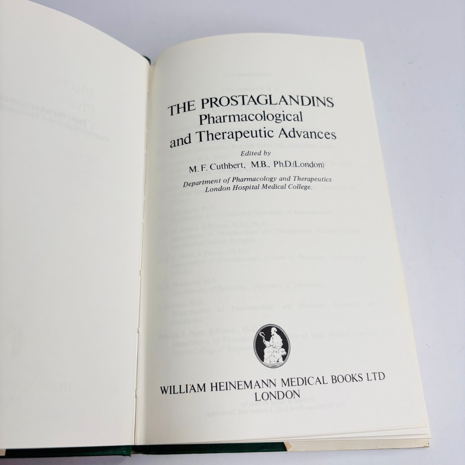 The Prostaglandins Pharmacological And Therapeutic Advances Cuthbert 1973