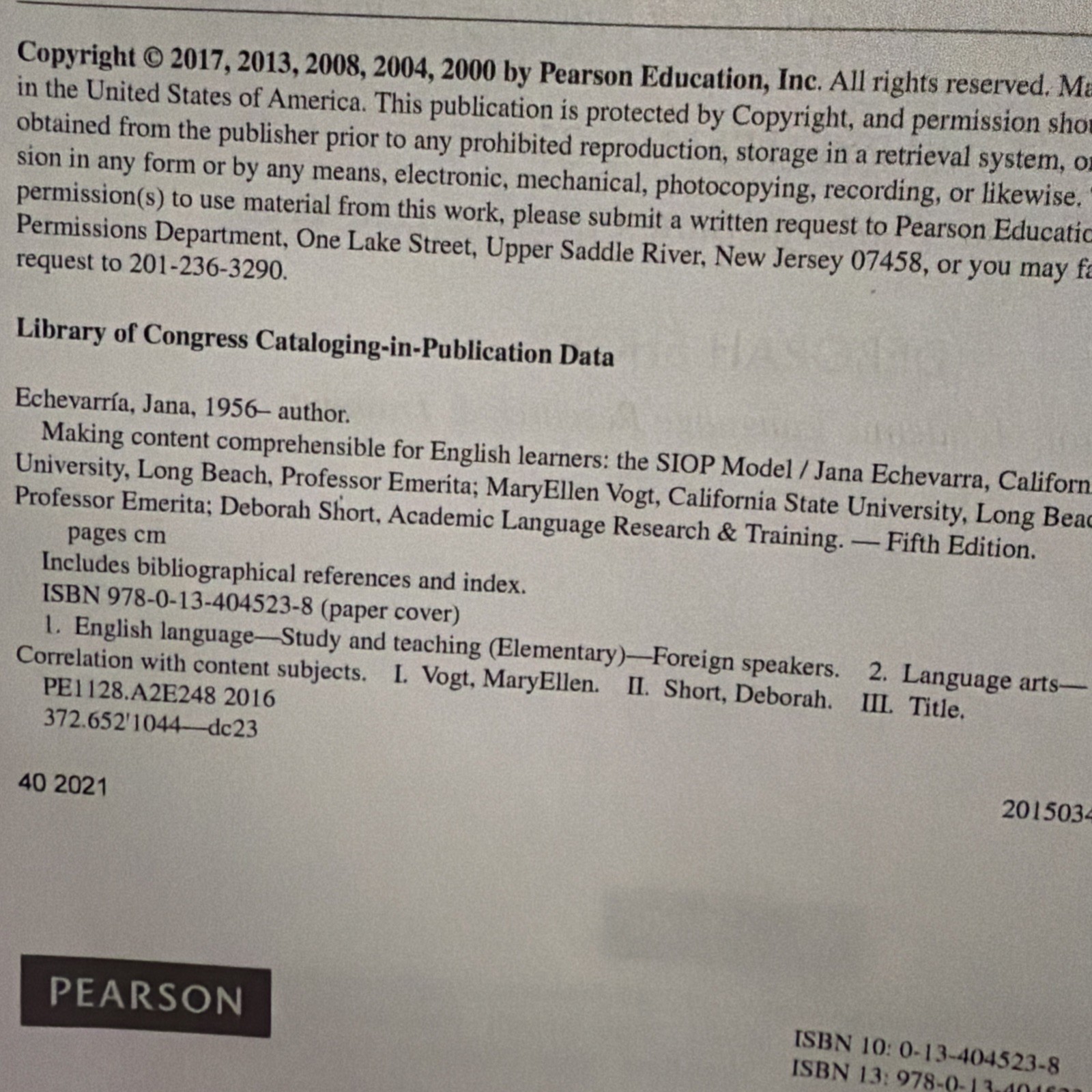 Making Content Comprehensible for English Learners: The SIOP Model