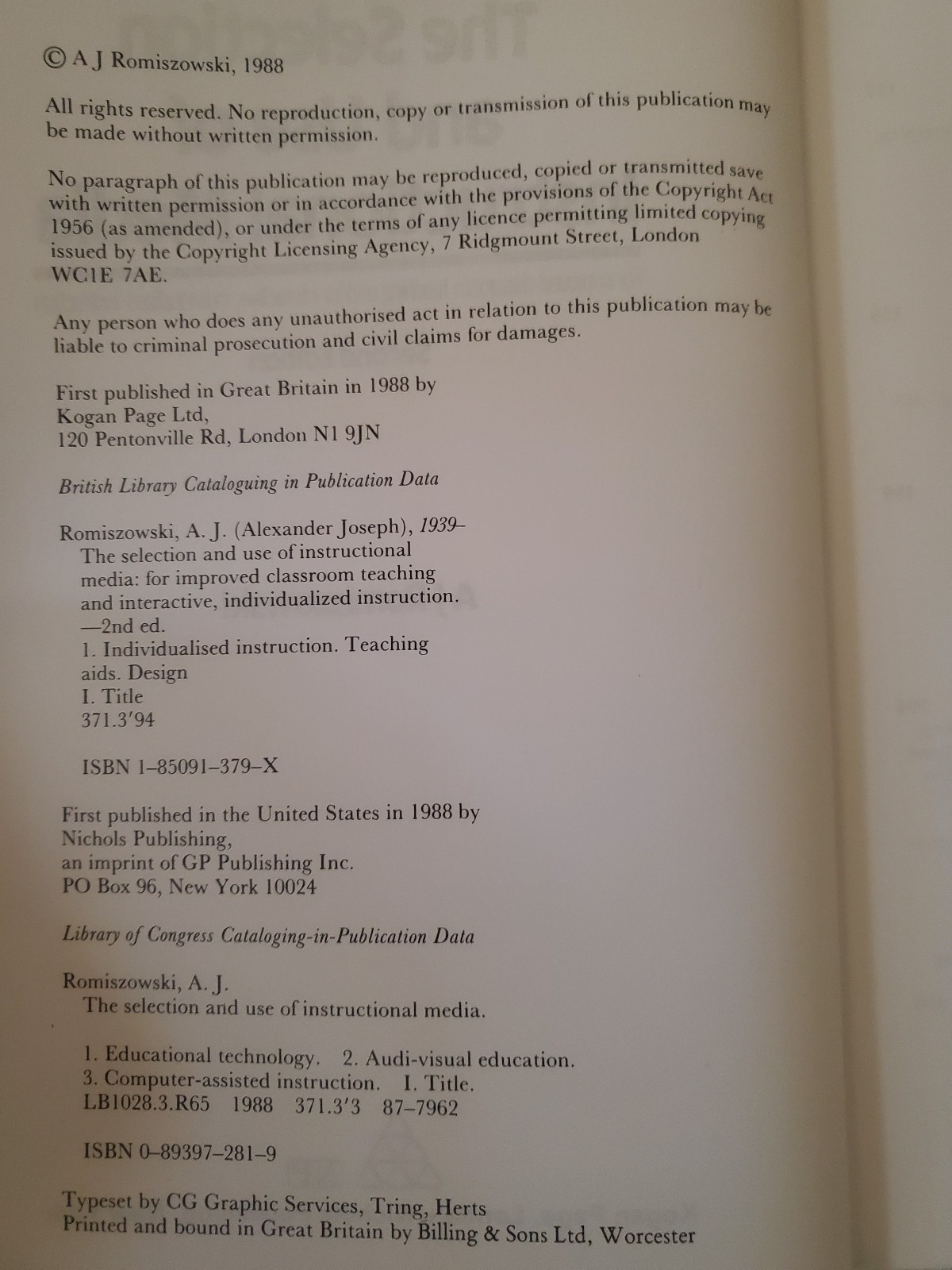 The Selection And Use Of Instructional Media A.J. Romiszowski 2nd Edition VG++