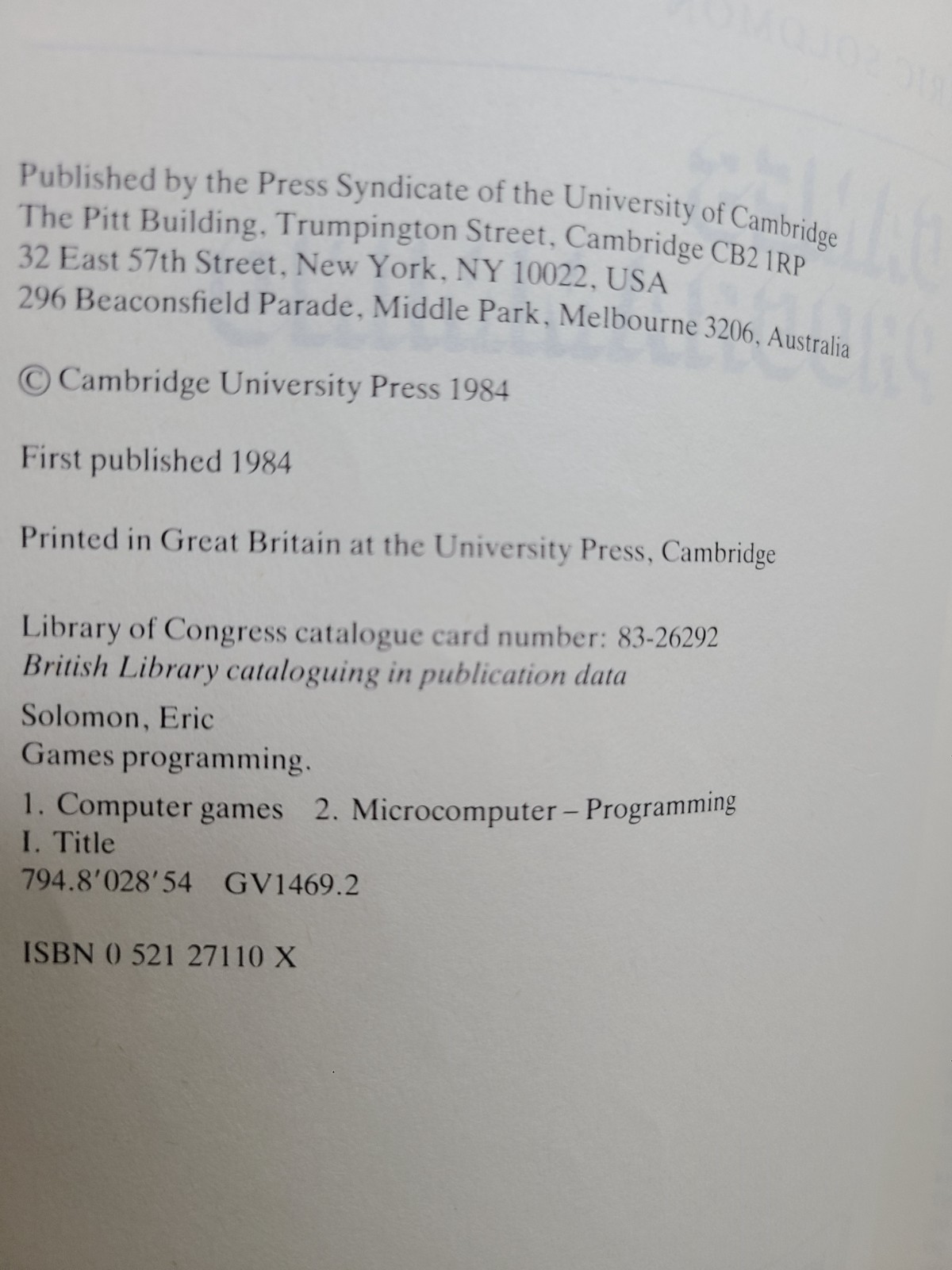Games Programming – Eric Solomon – Cambridge University Press 1984