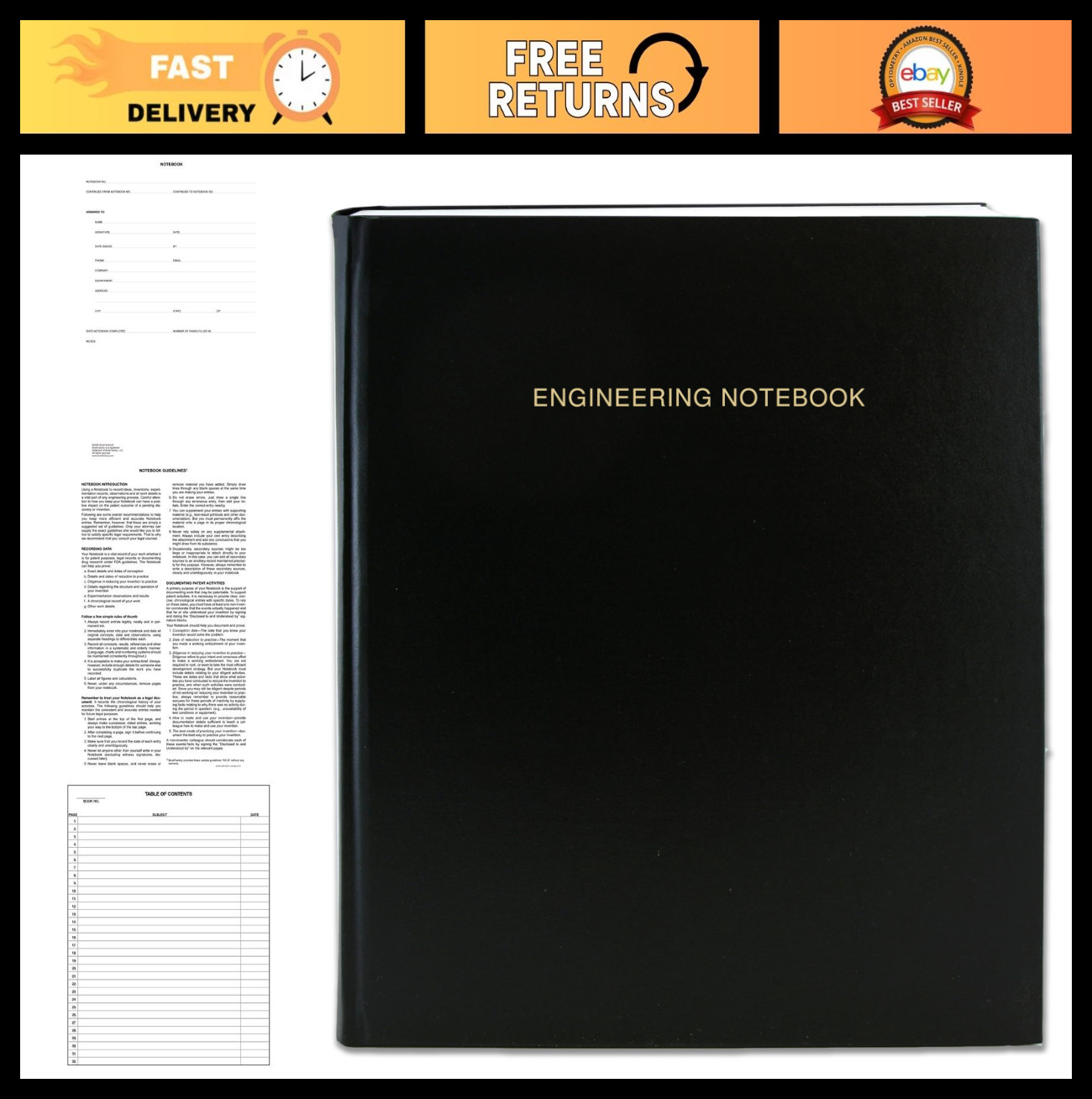 240-Page Black Engineering Notebook – 0.25” Grid, Hardbound Lab Journal, USA Ma