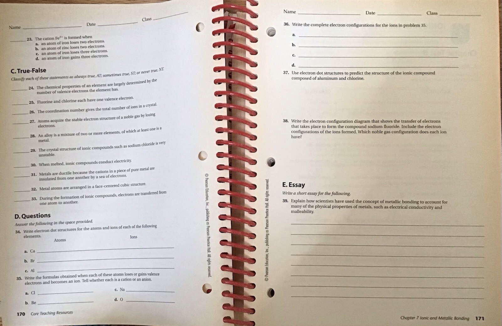 10th Grade 10 High School Chemistry Teacher Tests Wilbranham Prentice Hall Set