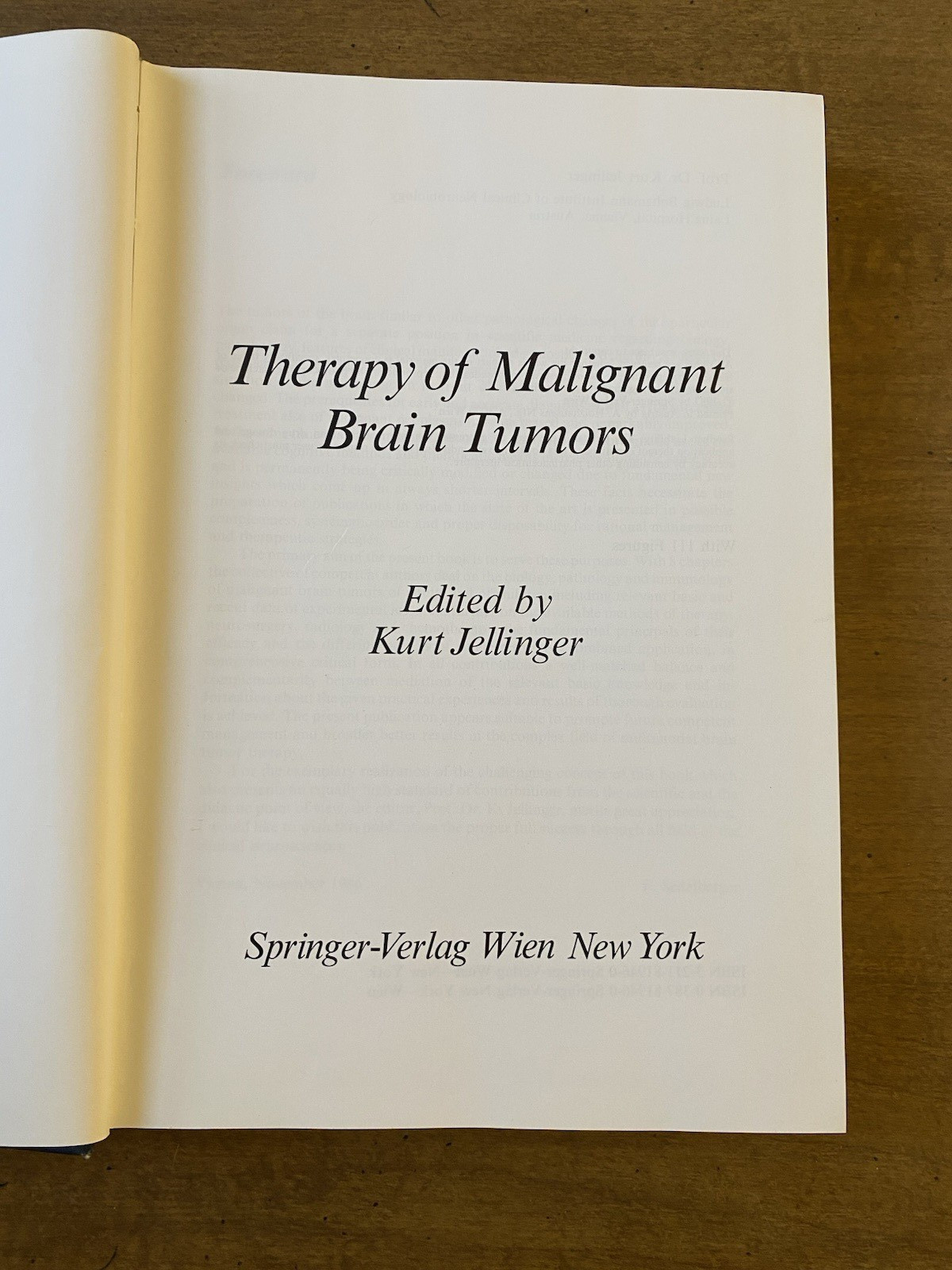 “Therapy of Malignant Brain Tumors” Medical HC 1987 Kurt Jellinger Springer