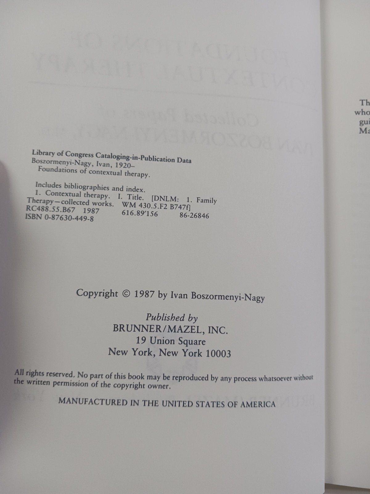Foundations of Contextual Therapy Collected Papers Ivan Boszormenyi-Nagy HC 1987