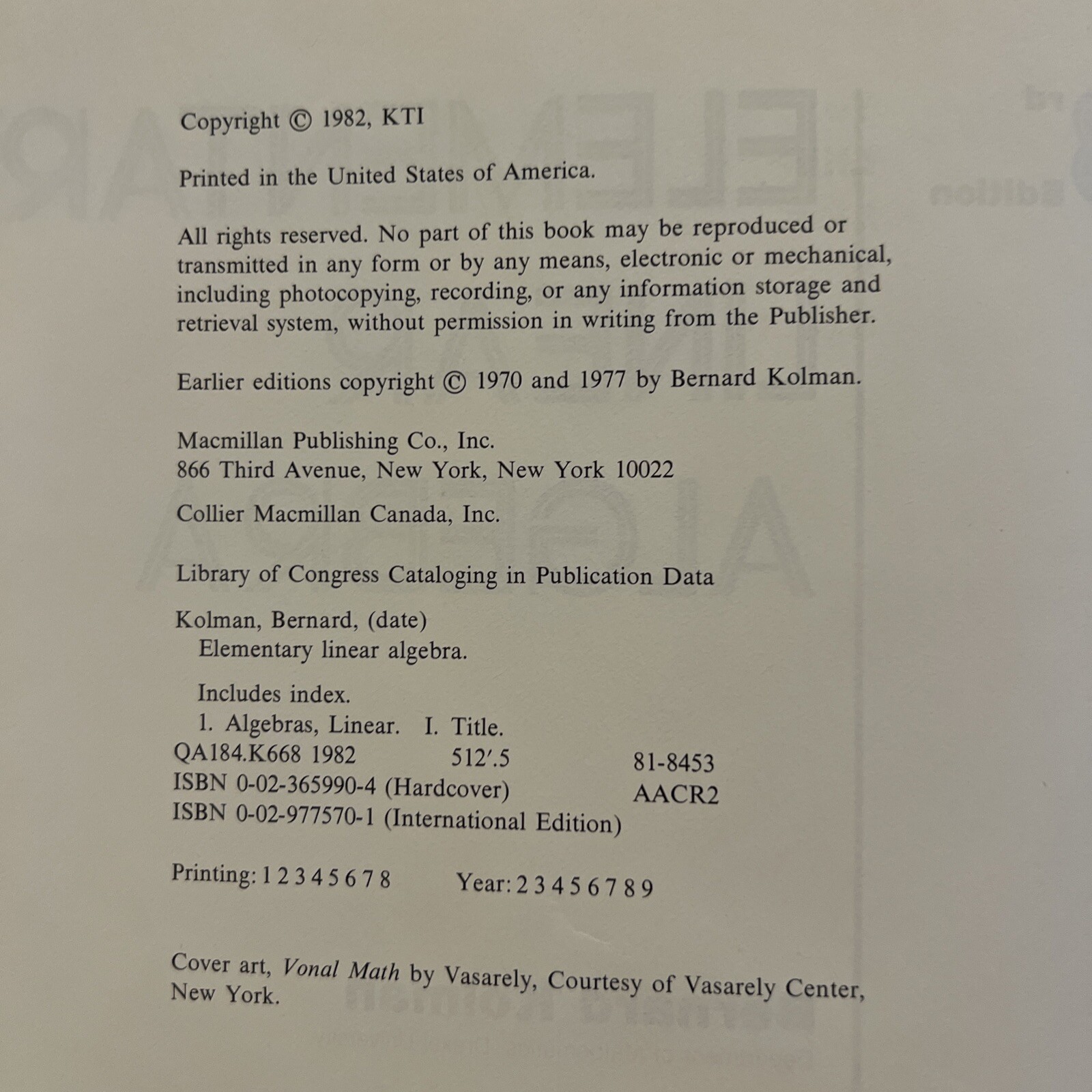 Elementary Linear Algebra Third Edition Bernard Kolman 1982 Macmillan