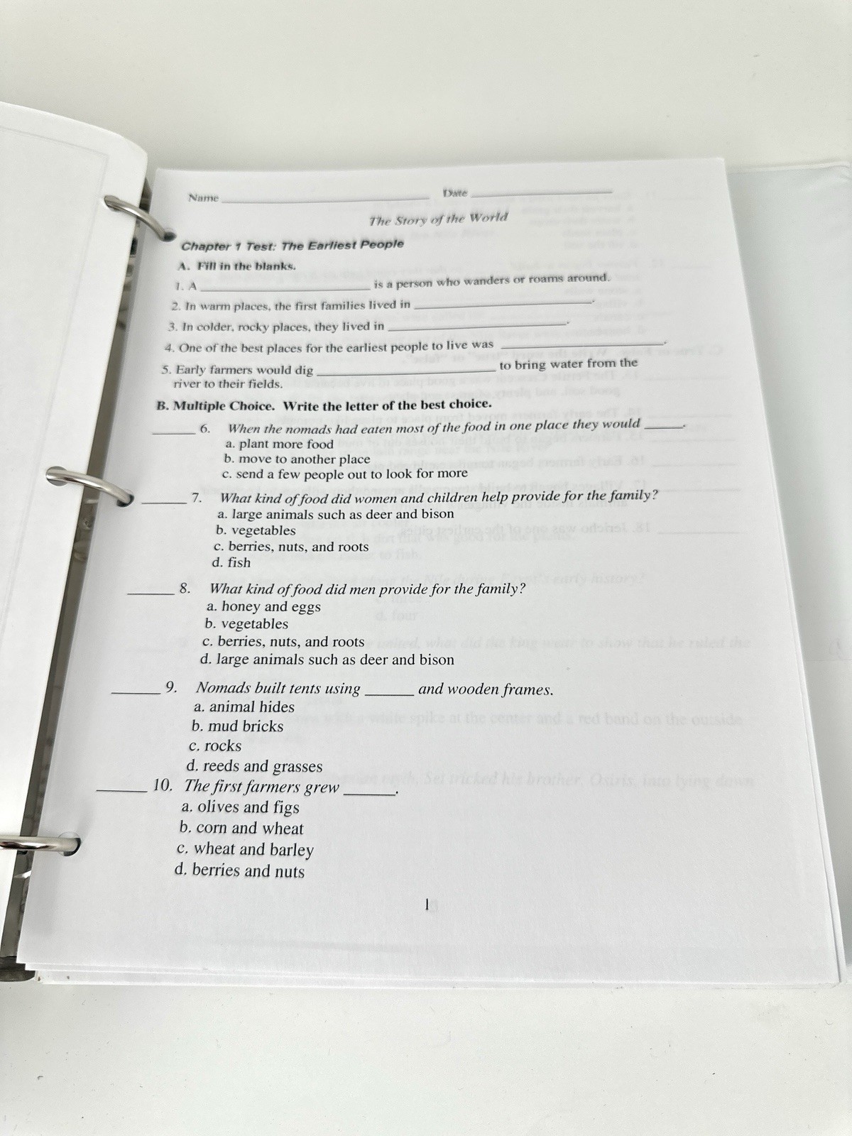 Story Of The World: Volume 1 Student Pages and Tests with Answer Key, In Binder