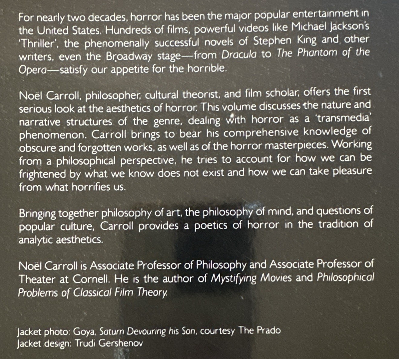 Noel Carroll The Philosophy of Horror or Paradoxes of the Heart Paperback Book