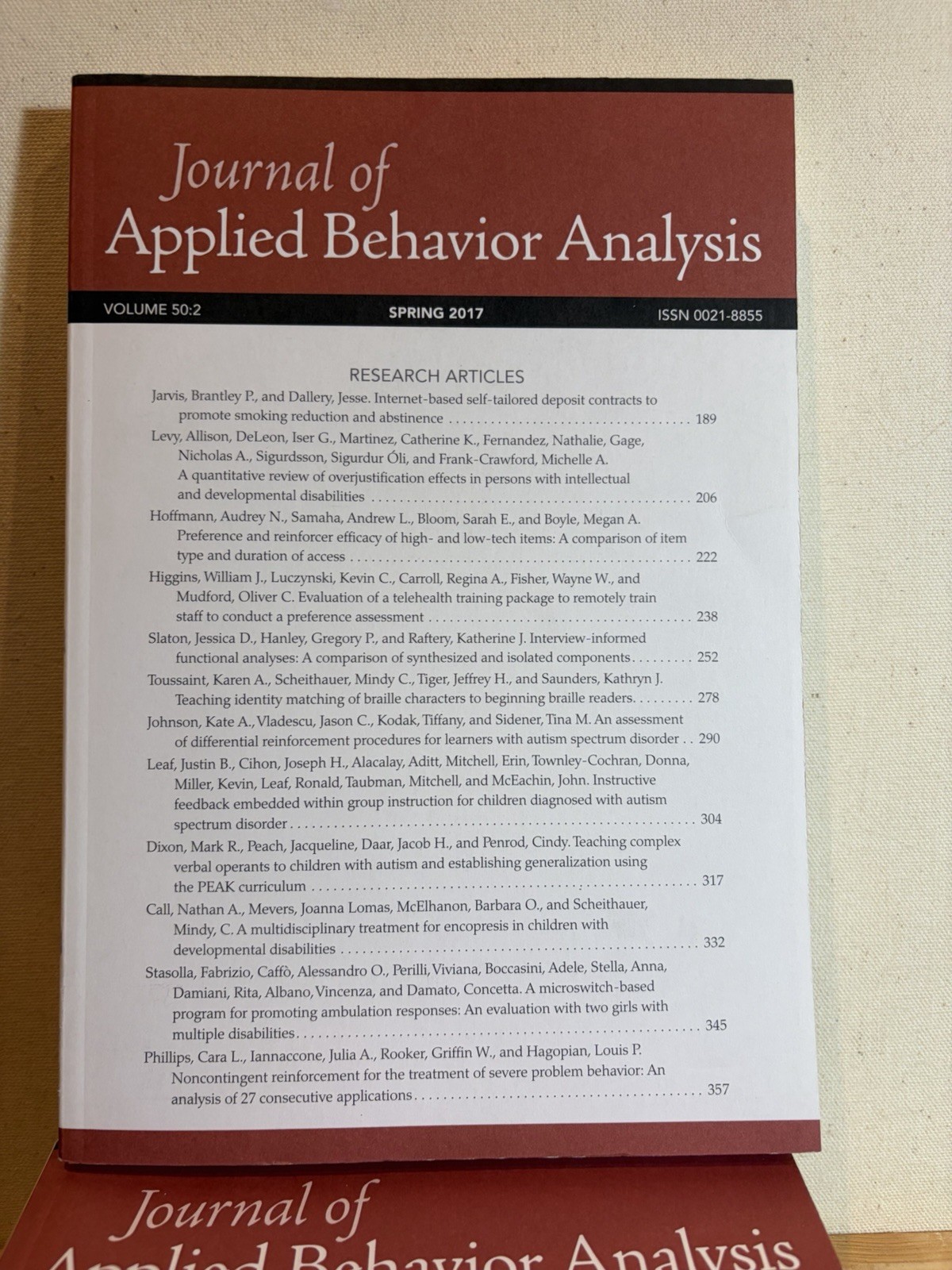 Journal of Applied Behavior Analysis Lot 7 Vol 50–52 2017–2019 ABA VG
