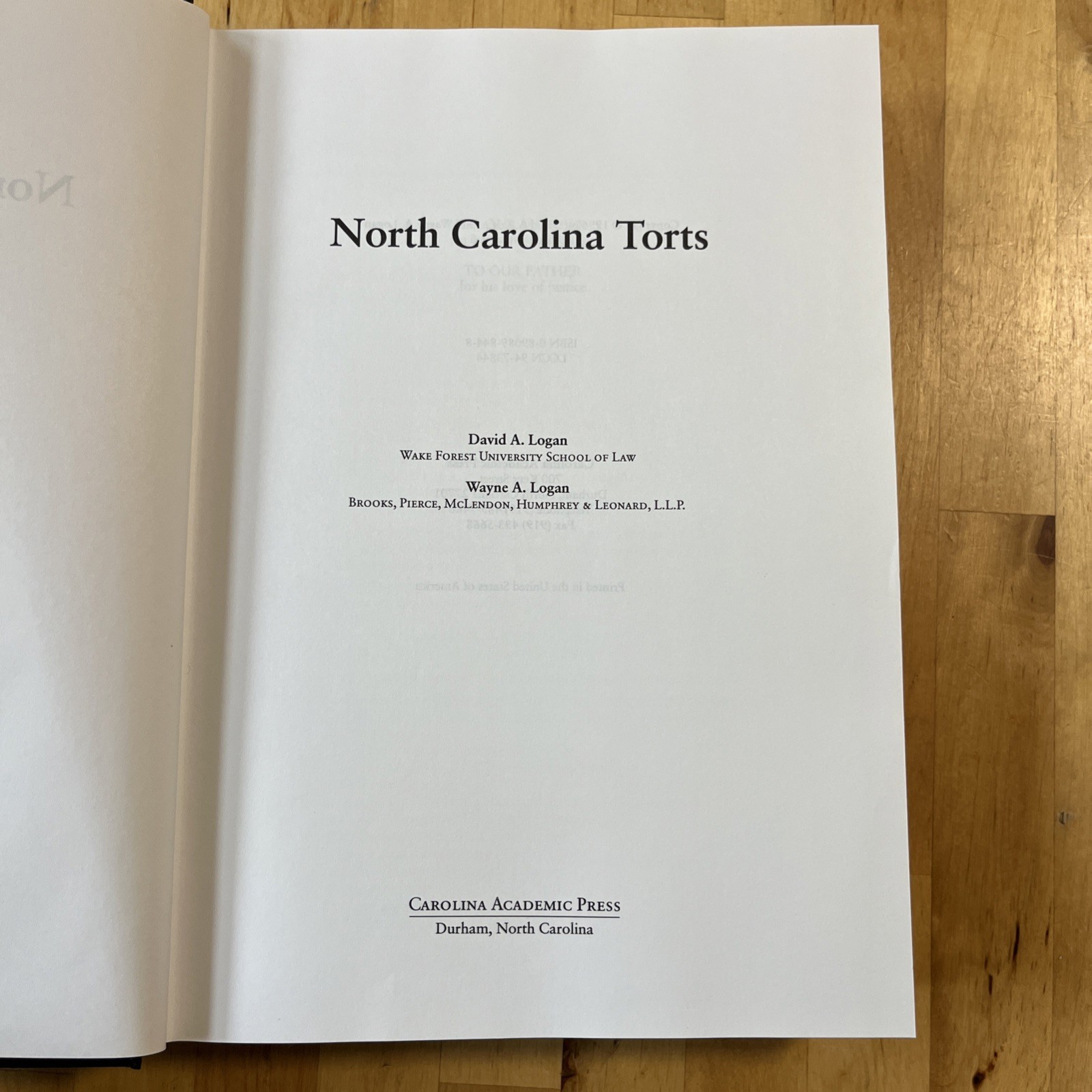North Carolina Torts Carolina Academic Press David & Wayne Logan Legal Book NC