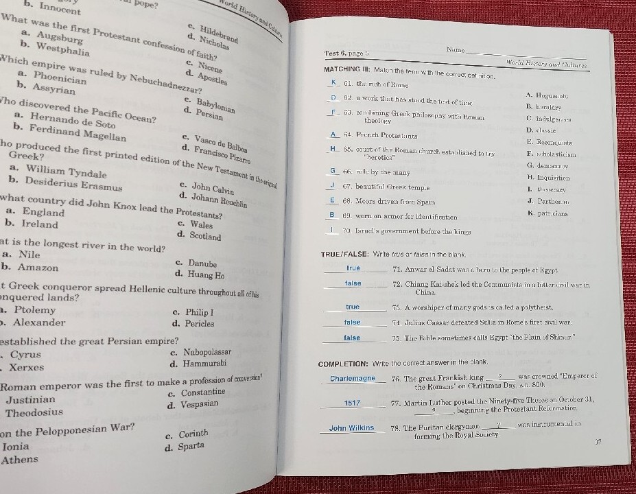 A Beka Book WORLD HISTORY & CULTURES Test/Map Project Key 57266005