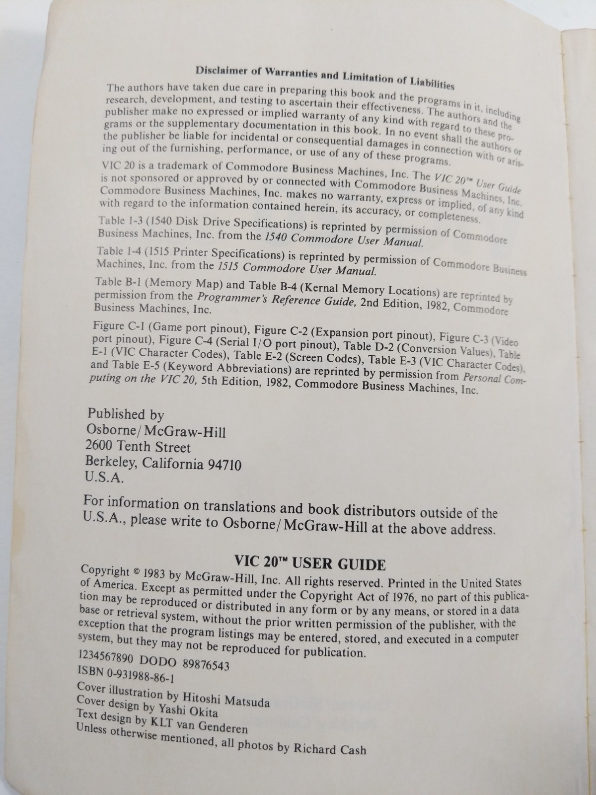 Vic 20 User Guide / Osborne / McGraw-Hill / Commodore VIC-20 (Book)